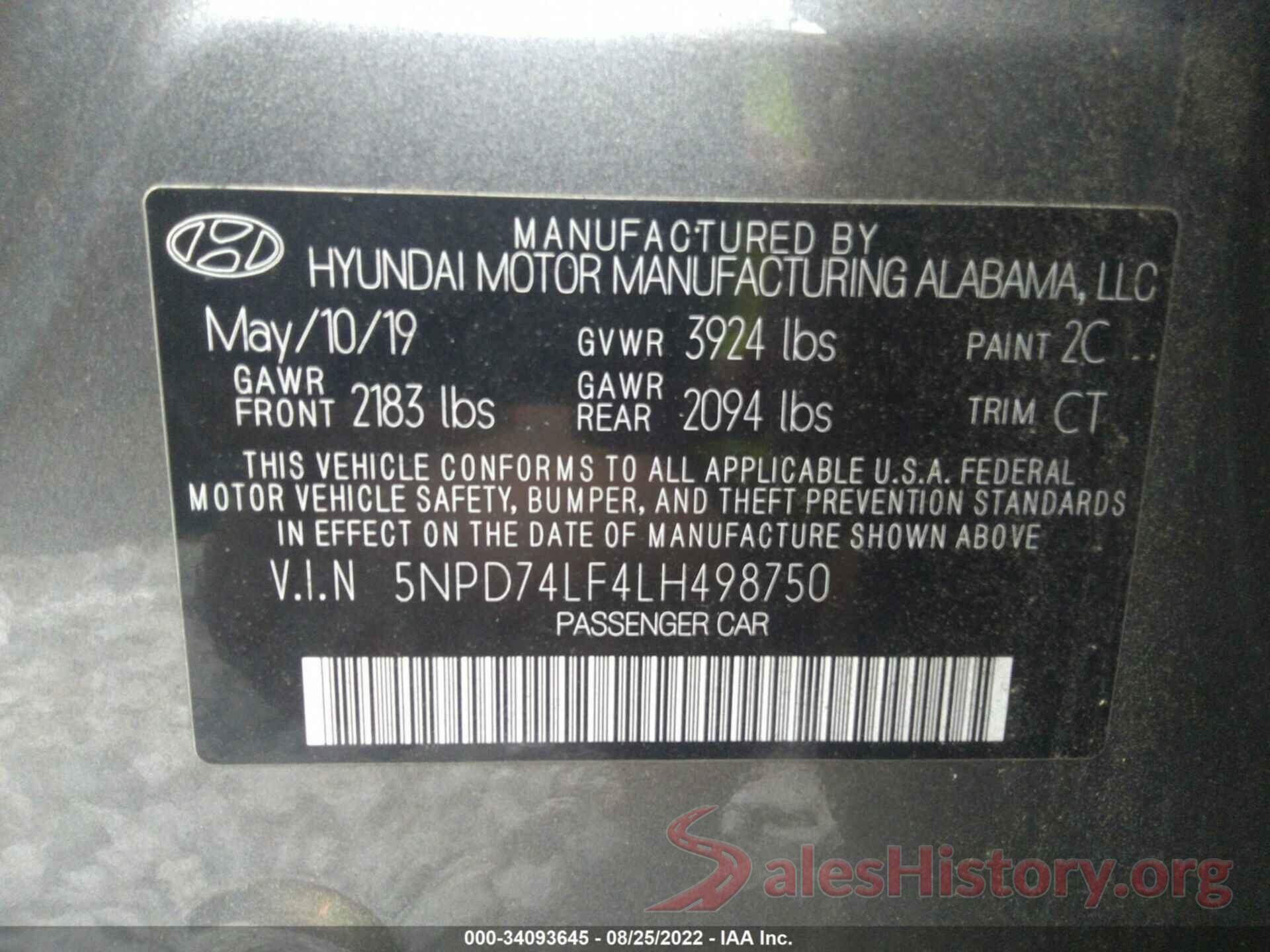 5NPD74LF4LH498750 2020 HYUNDAI ELANTRA