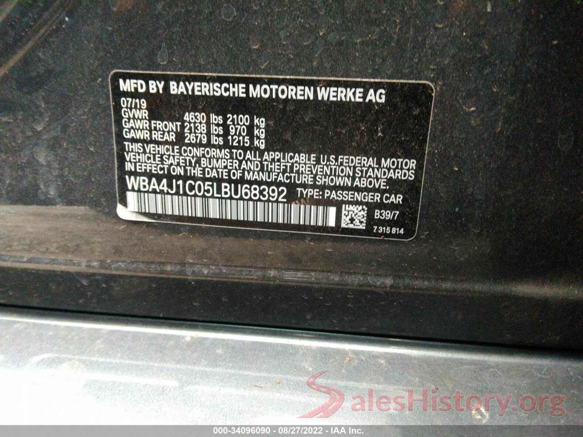 WBA4J1C05LBU68392 2020 BMW 4 SERIES