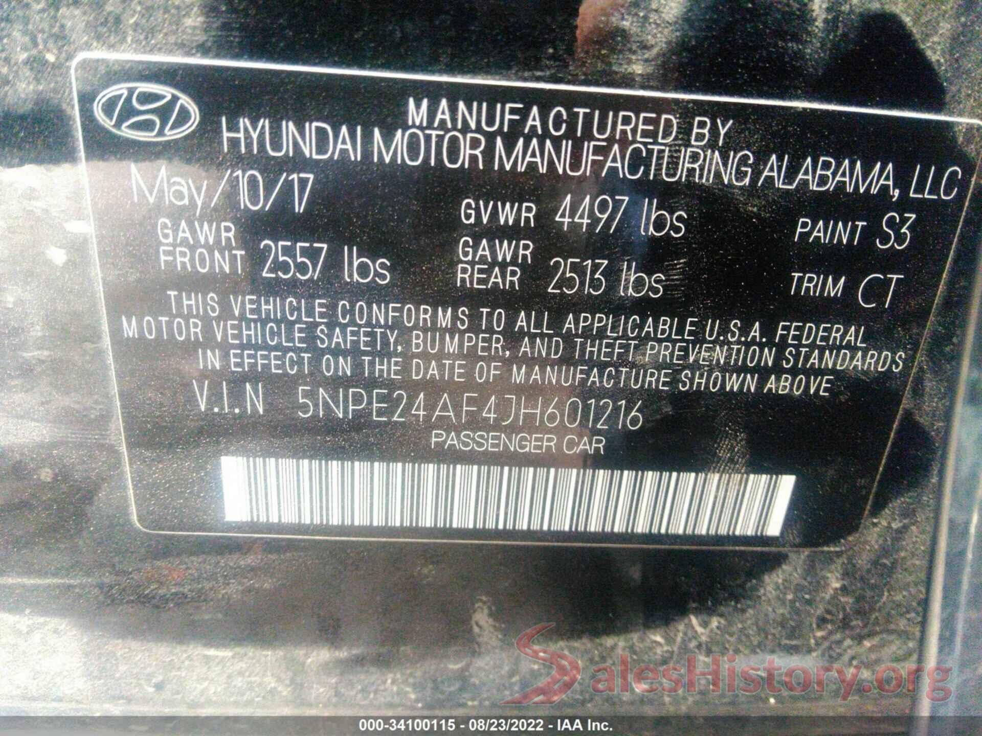 5NPE24AF4JH601216 2018 HYUNDAI SONATA