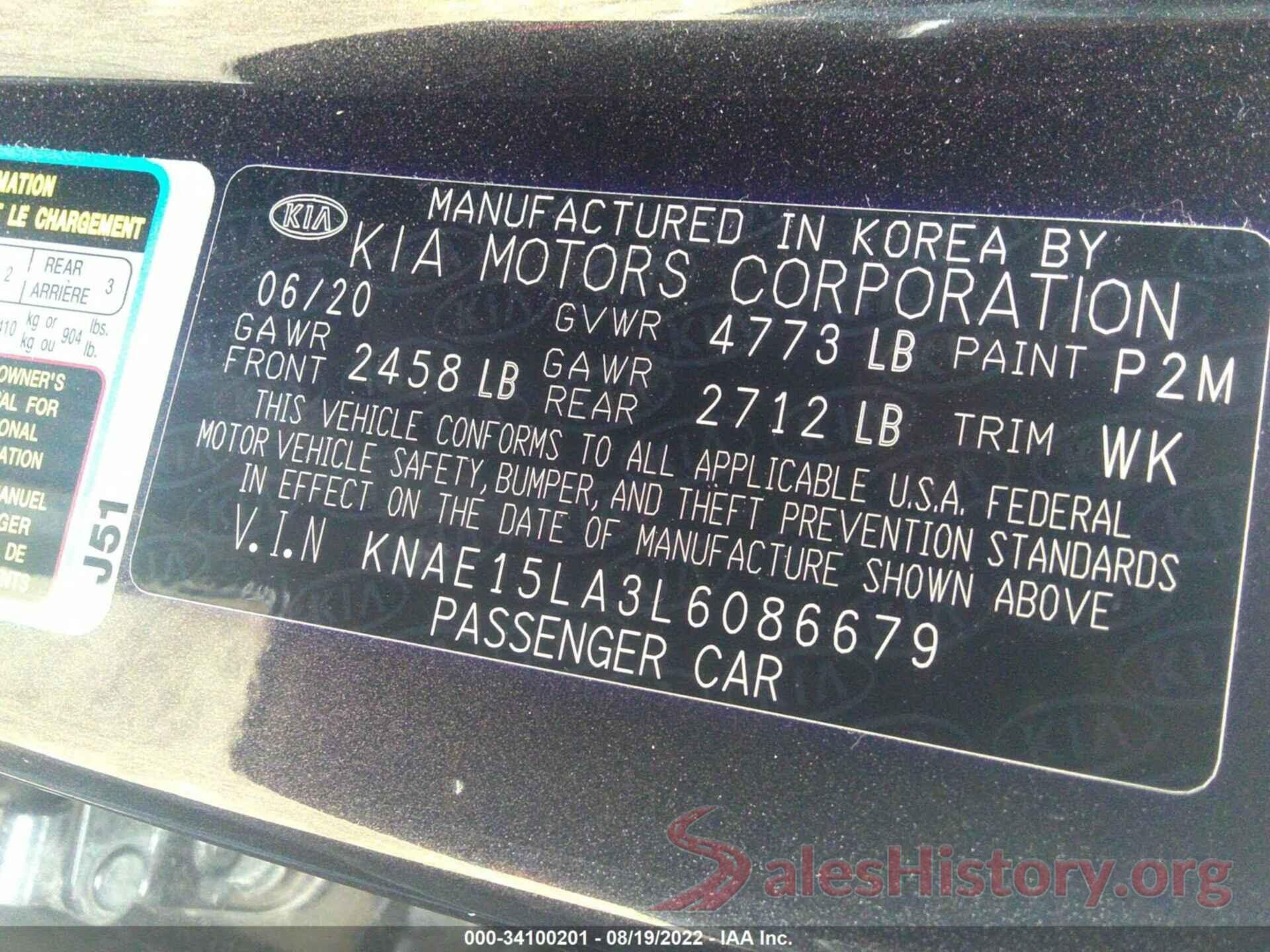 KNAE15LA3L6086679 2020 KIA STINGER