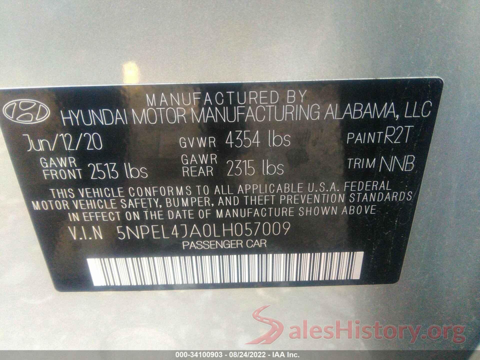 5NPEL4JA0LH057009 2020 HYUNDAI SONATA