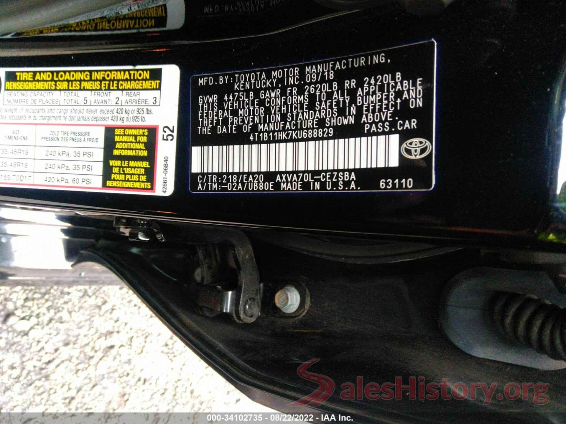 4T1B11HK7KU688829 2019 TOYOTA CAMRY