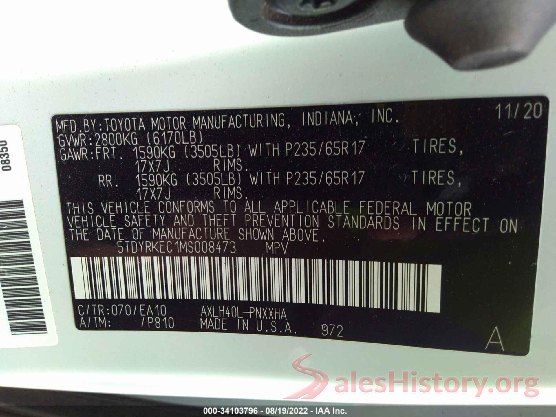 5TDYRKEC1MS008473 2021 TOYOTA SIENNA