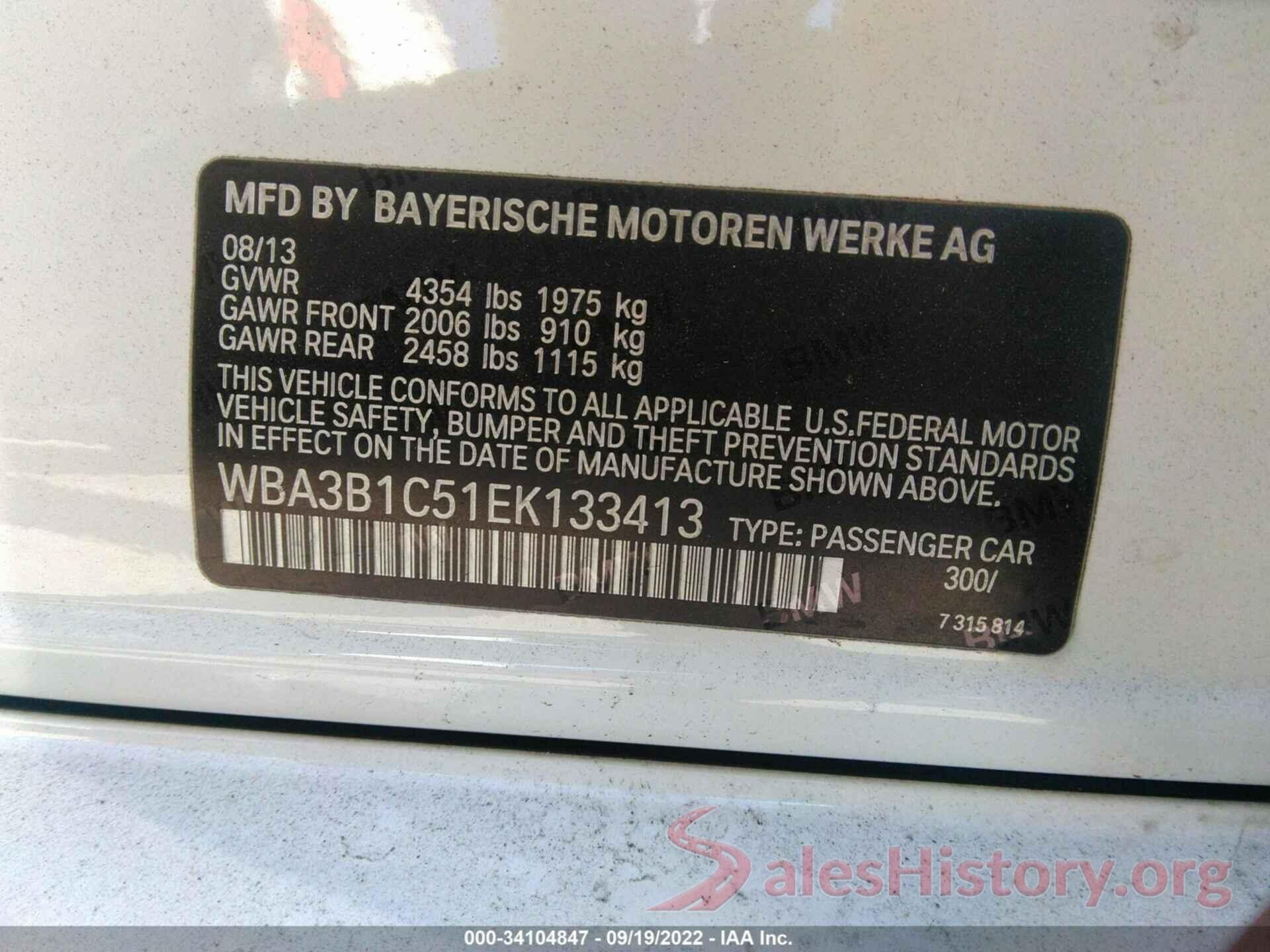 WBA3B1C51EK133413 2014 BMW 3 SERIES