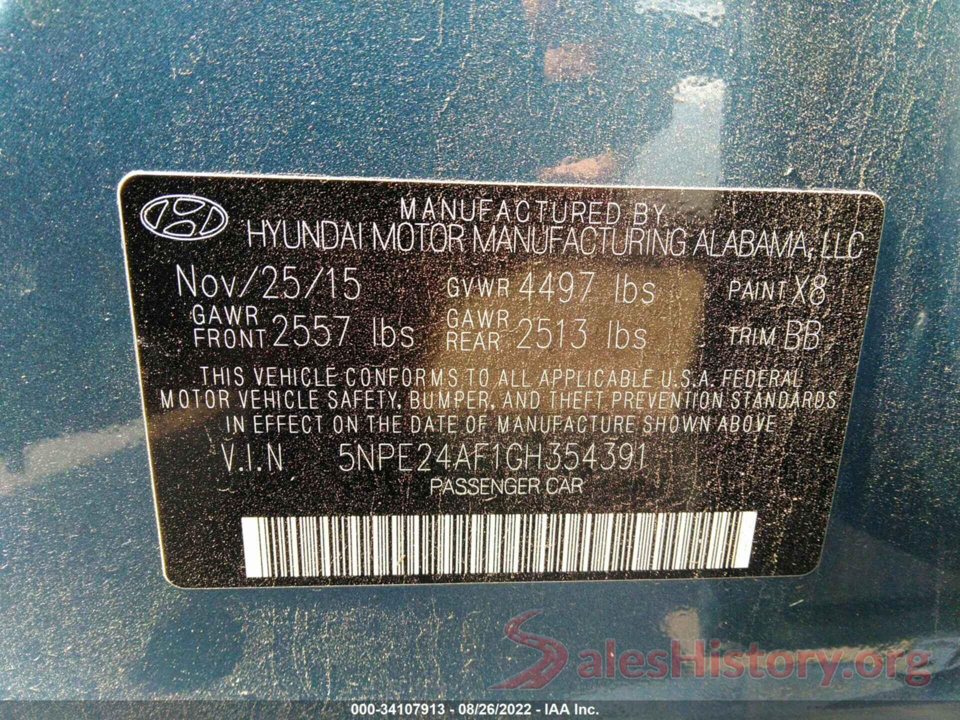 5NPE24AF1GH354391 2016 HYUNDAI SONATA