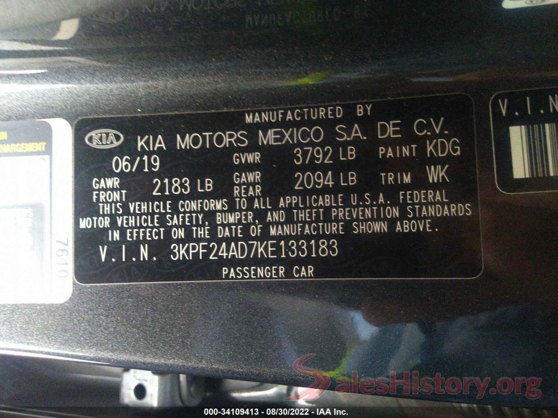 3KPF24AD7KE133183 2019 KIA FORTE