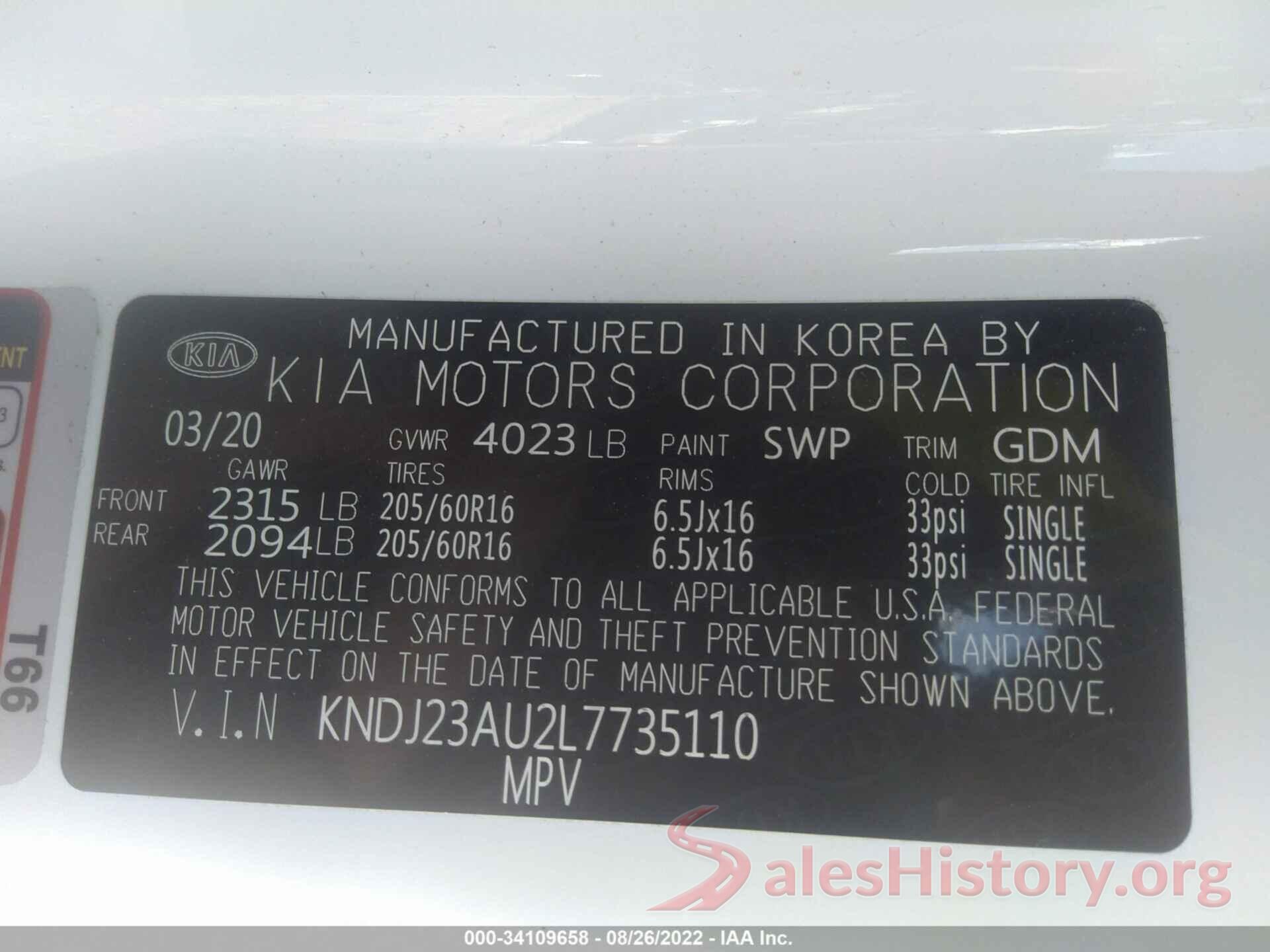 KNDJ23AU2L7735110 2020 KIA SOUL