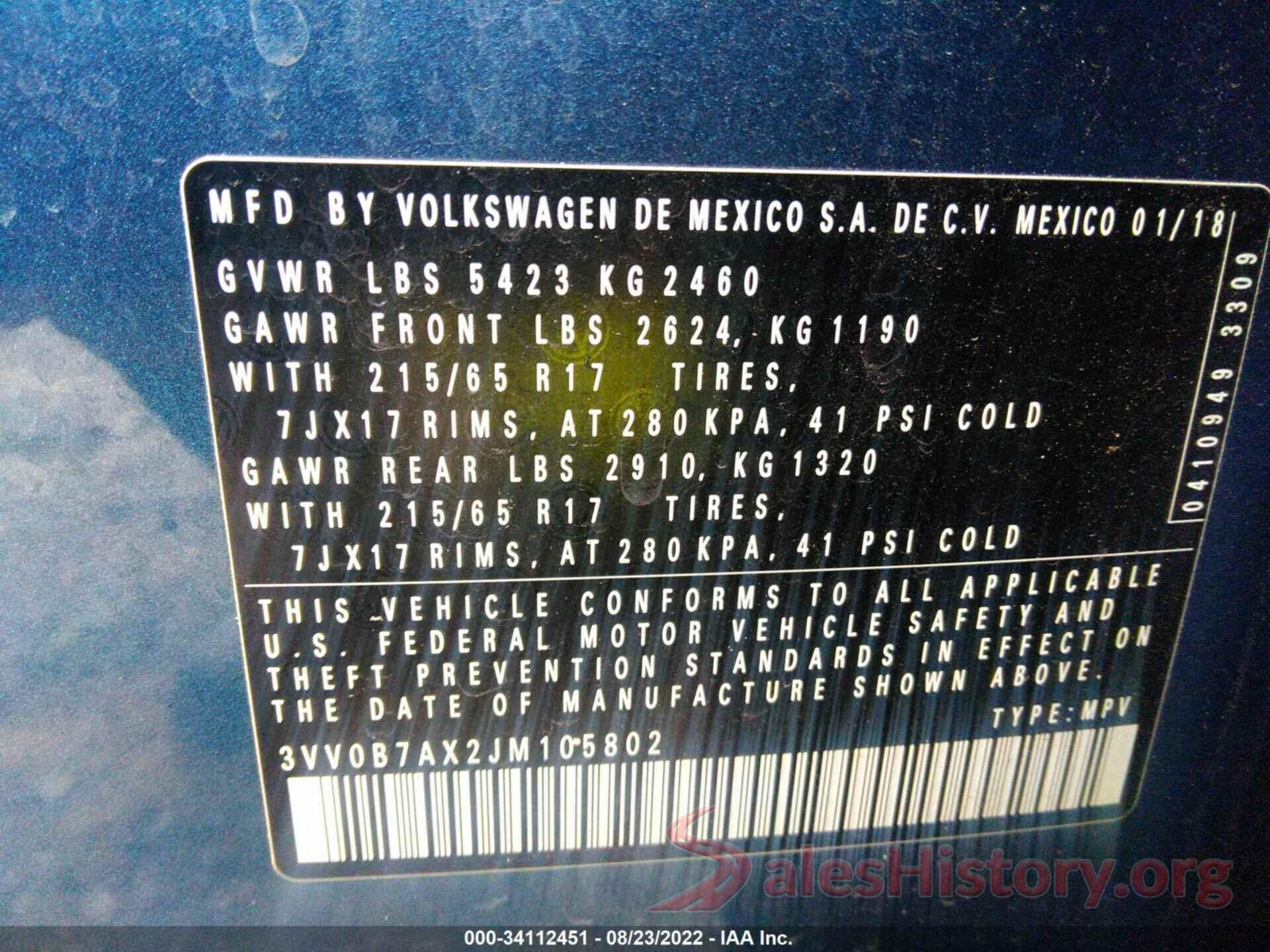 3VV0B7AX2JM105802 2018 VOLKSWAGEN TIGUAN