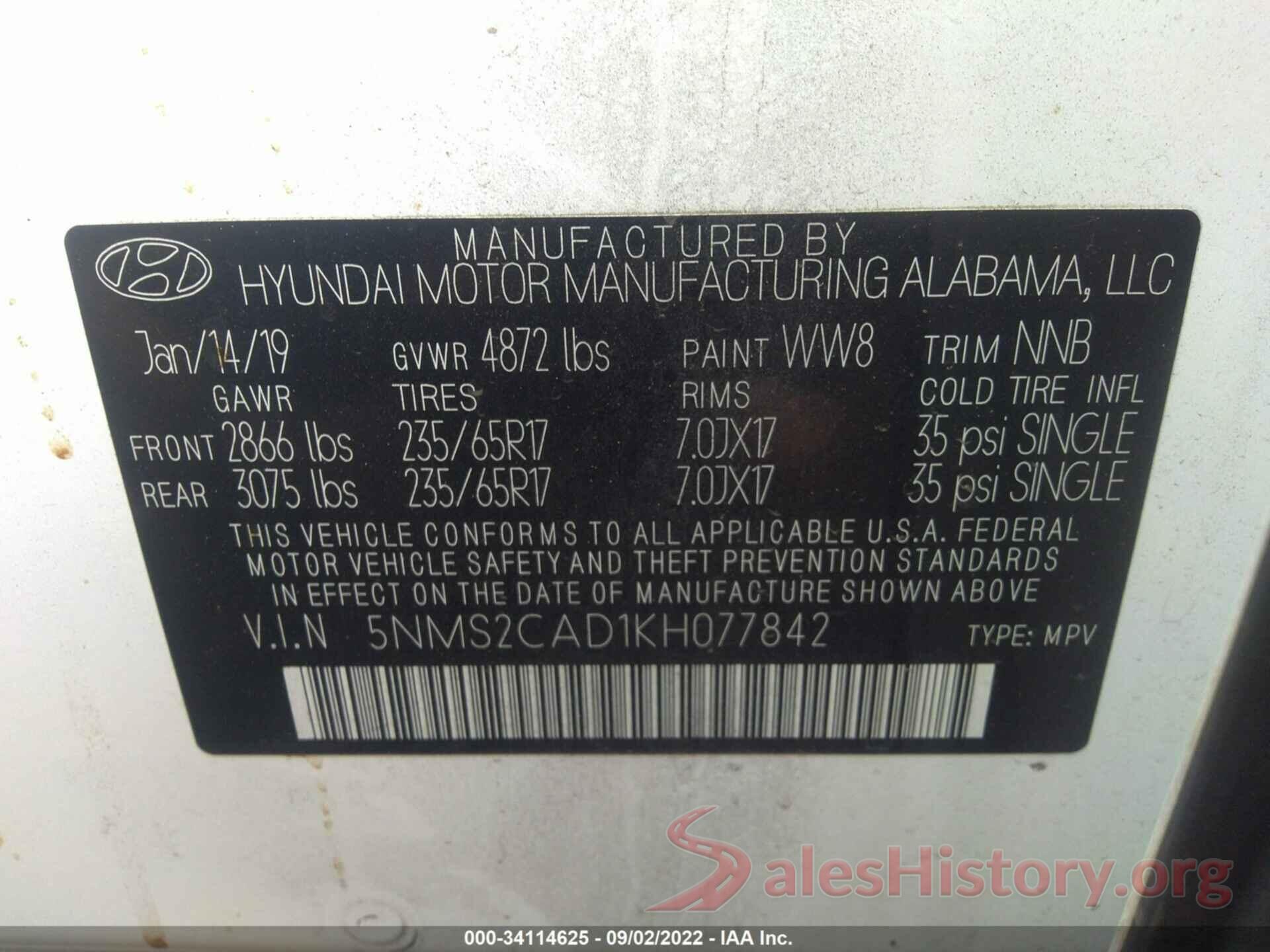 5NMS2CAD1KH077842 2019 HYUNDAI SANTA FE