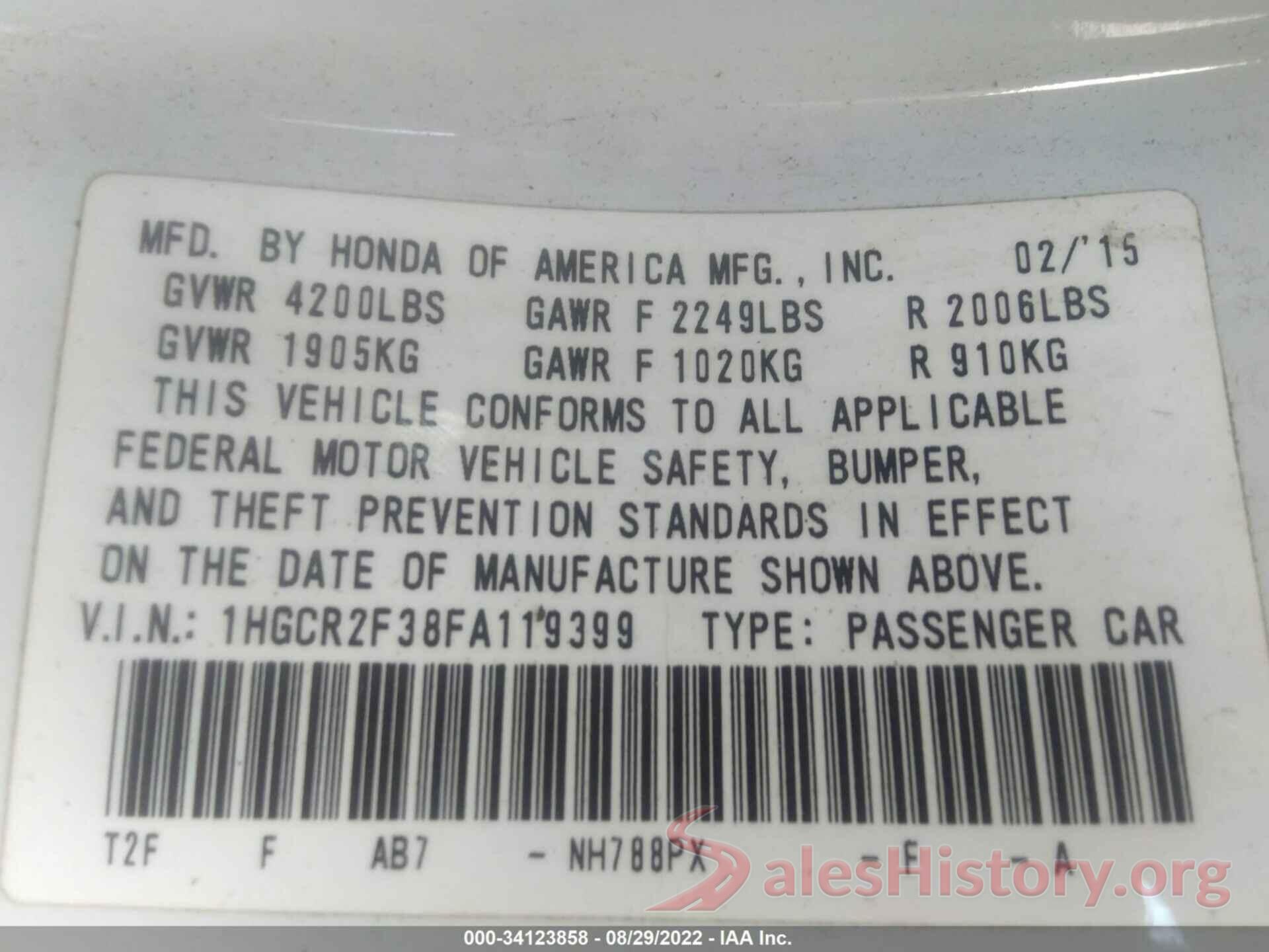 1HGCR2F38FA119399 2015 HONDA ACCORD SEDAN