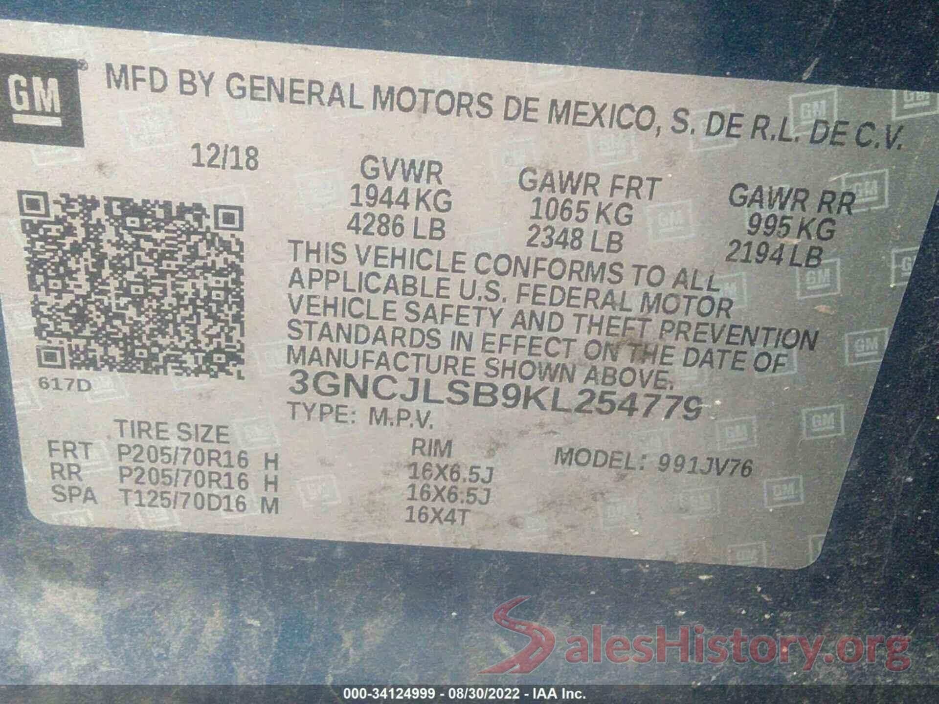 3GNCJLSB9KL254779 2019 CHEVROLET TRAX