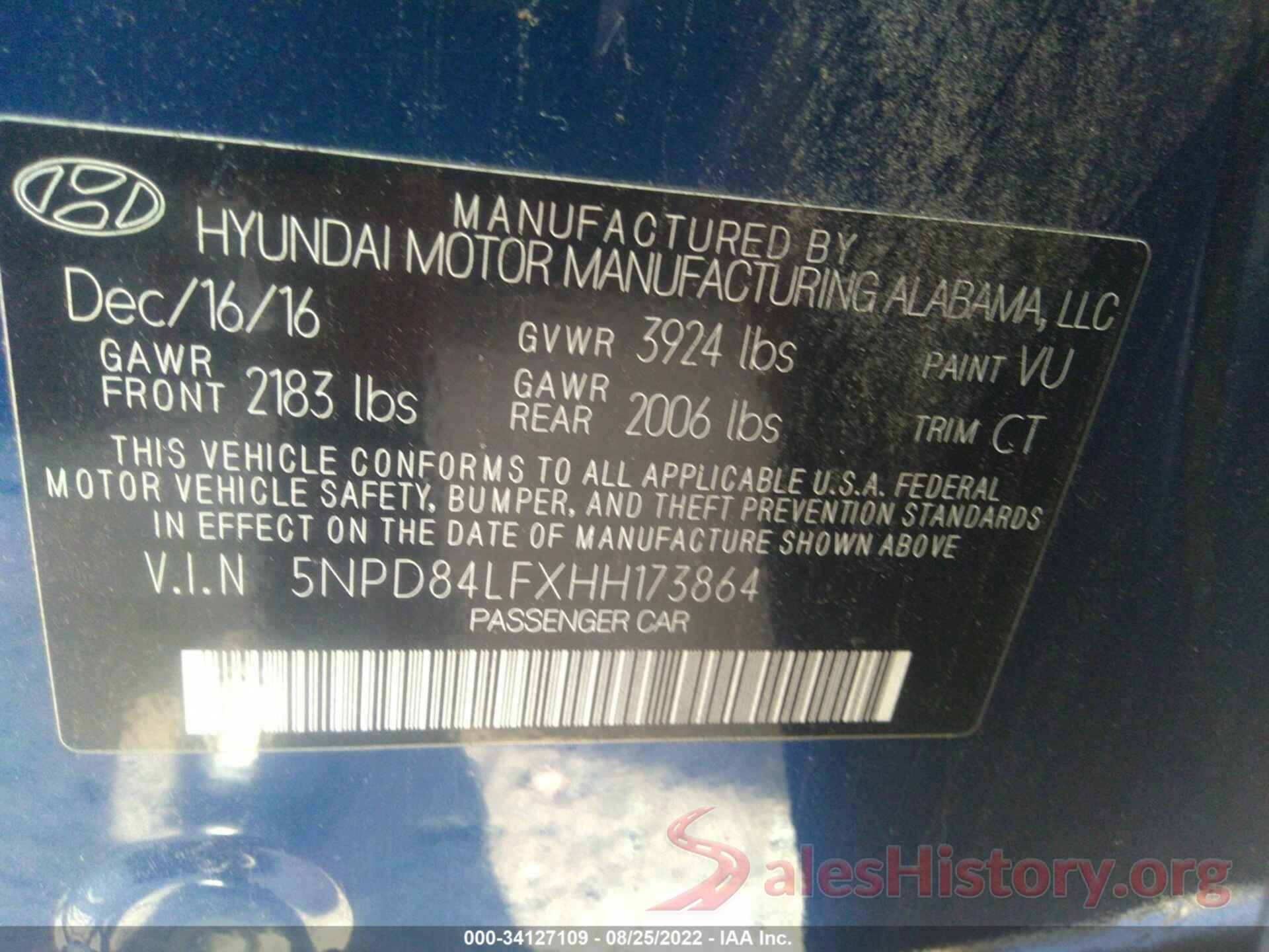 5NPD84LFXHH173864 2017 HYUNDAI ELANTRA