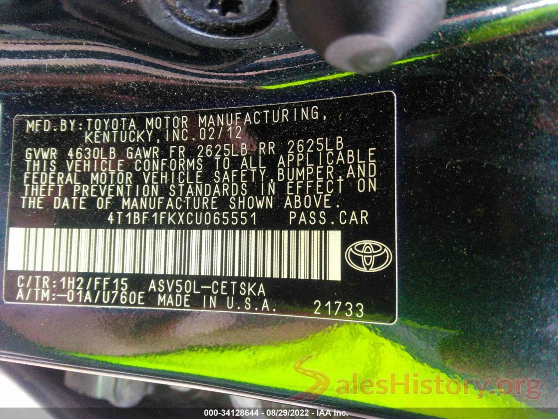 4T1BF1FKXCU065551 2012 TOYOTA CAMRY