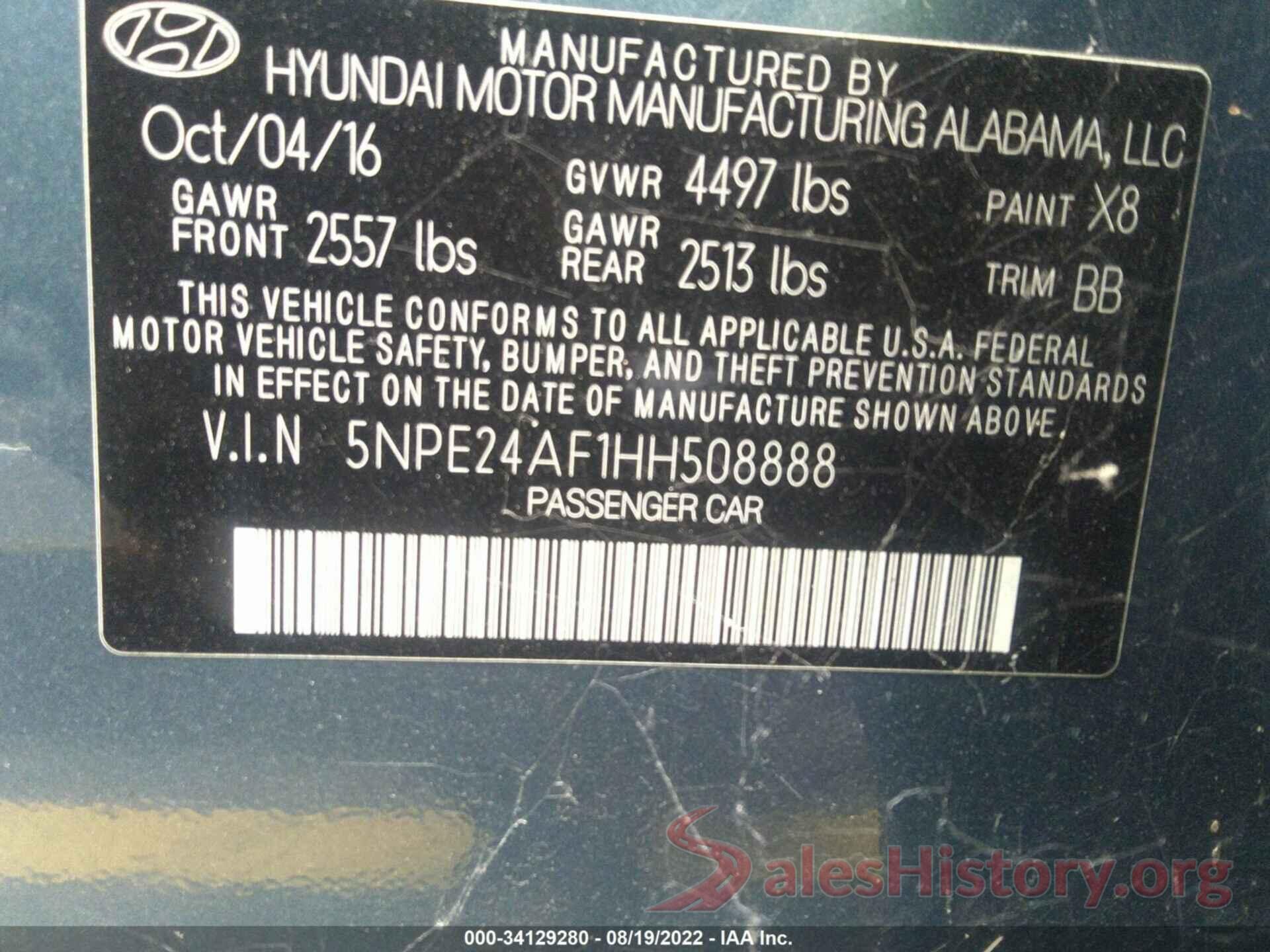 5NPE24AF1HH508888 2017 HYUNDAI SONATA