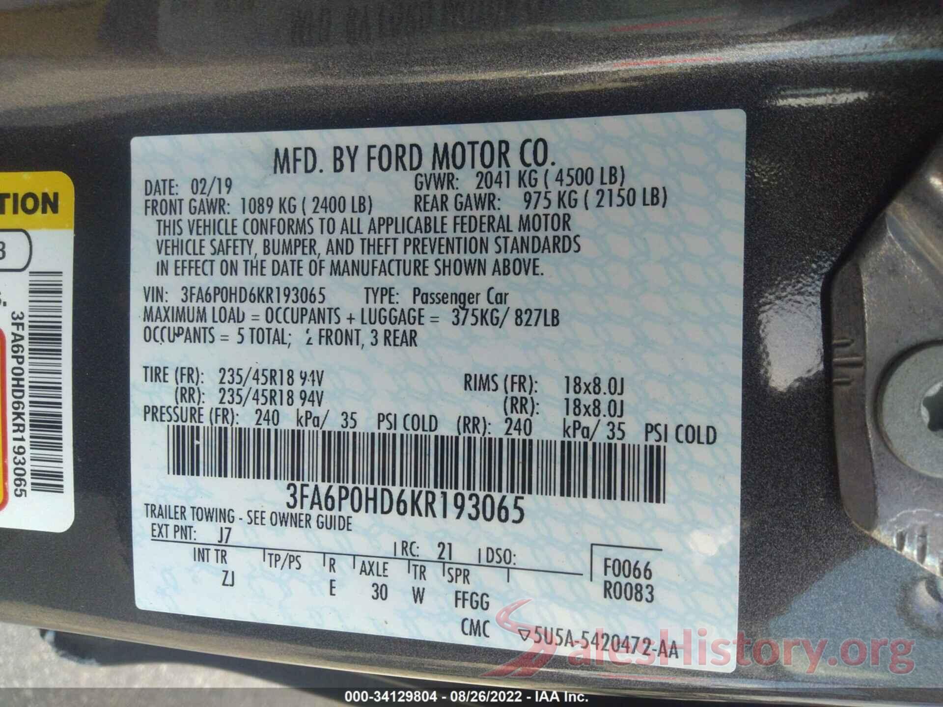 3FA6P0HD6KR193065 2019 FORD FUSION