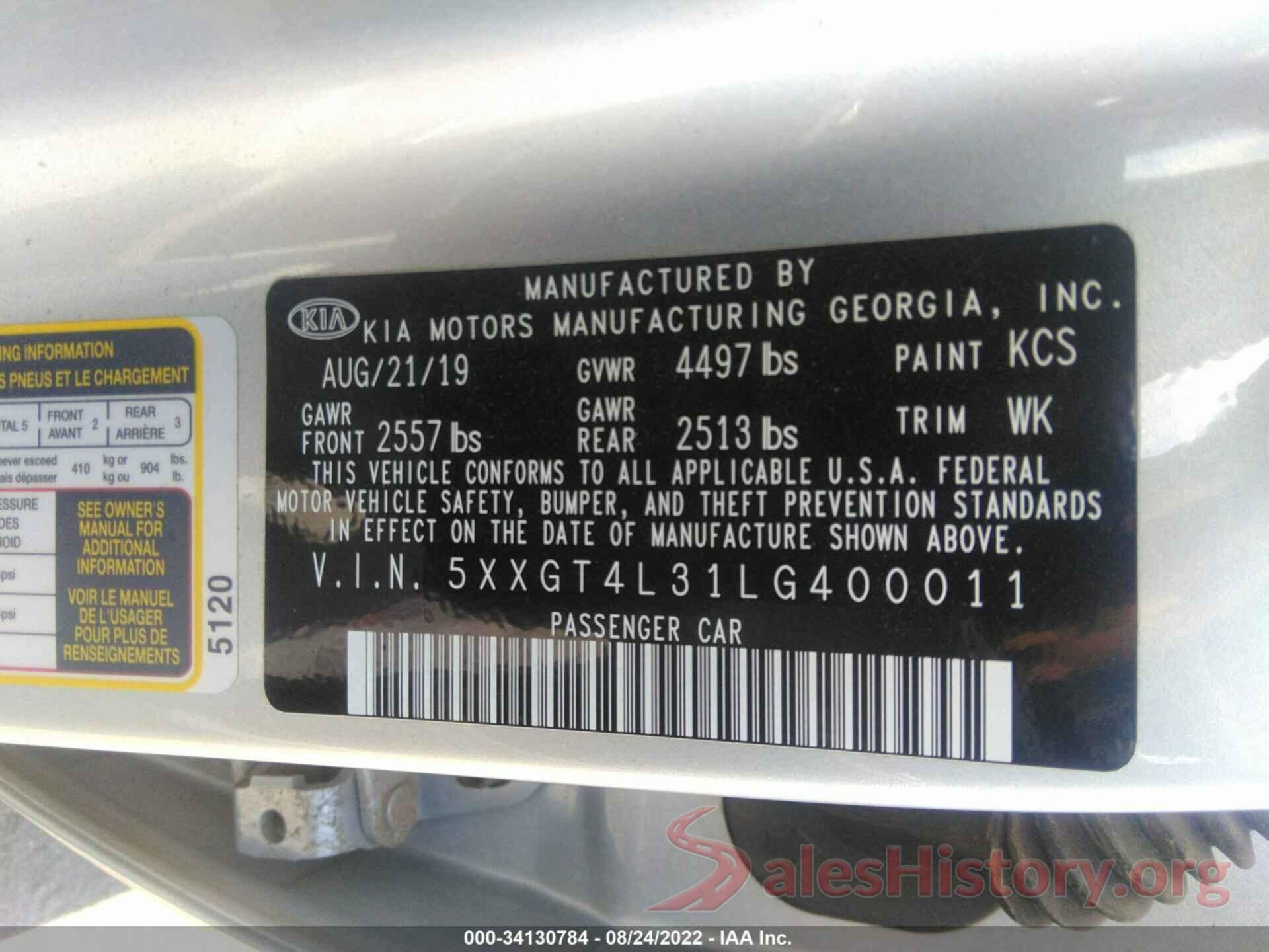 5XXGT4L31LG400011 2020 KIA OPTIMA