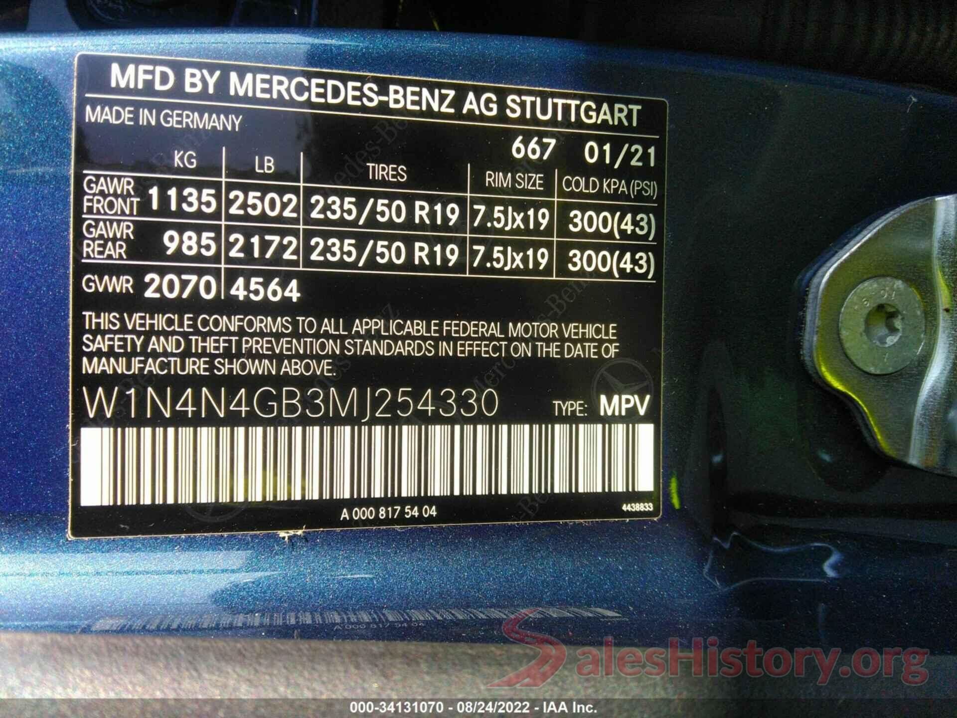 W1N4N4GB3MJ254330 2021 MERCEDES-BENZ GLA