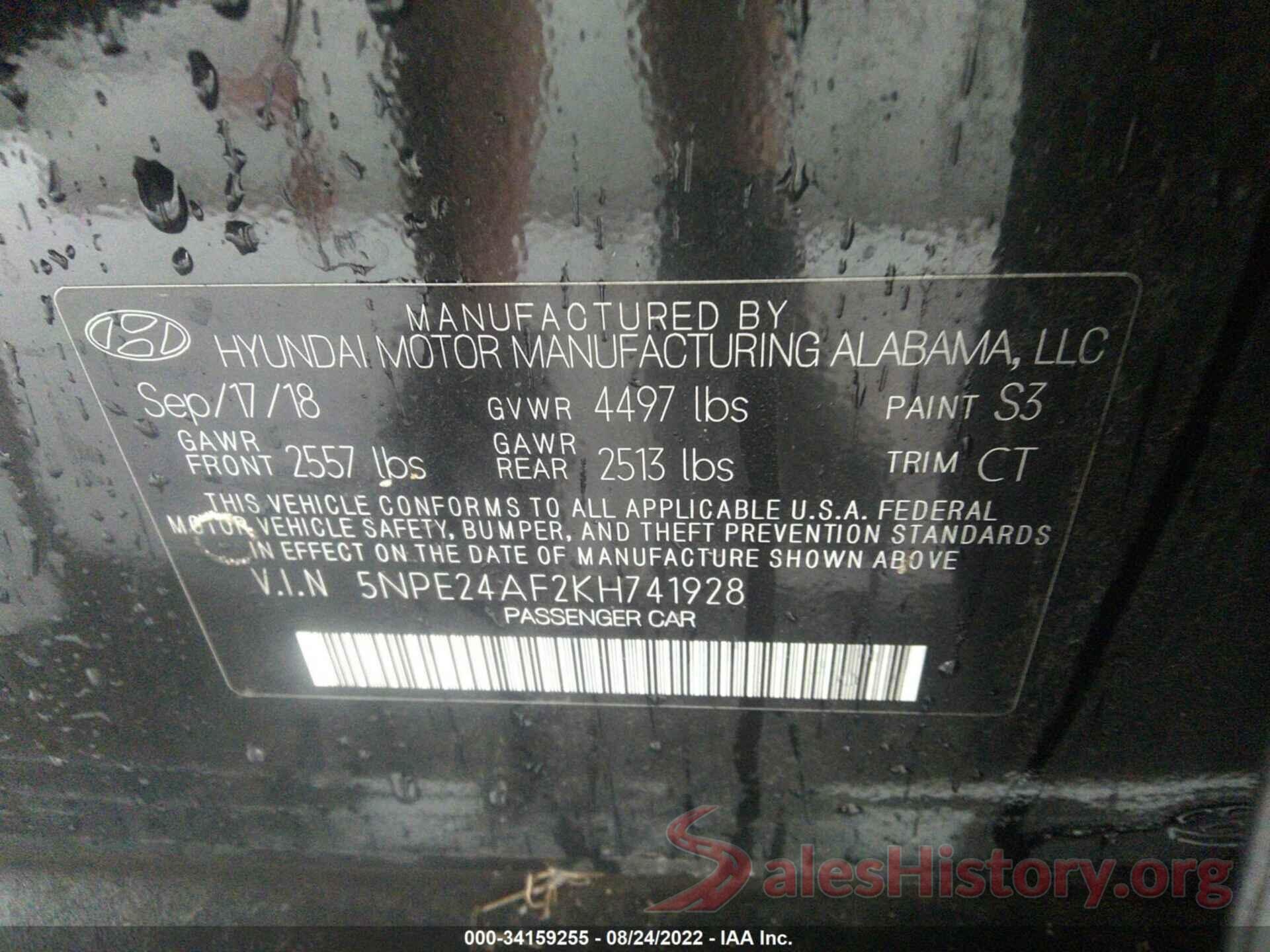 5NPE24AF2KH741928 2019 HYUNDAI SONATA