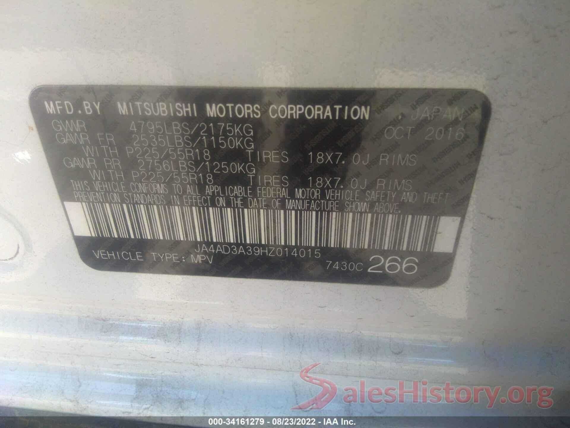 JA4AD3A39HZ014015 2017 MITSUBISHI OUTLANDER