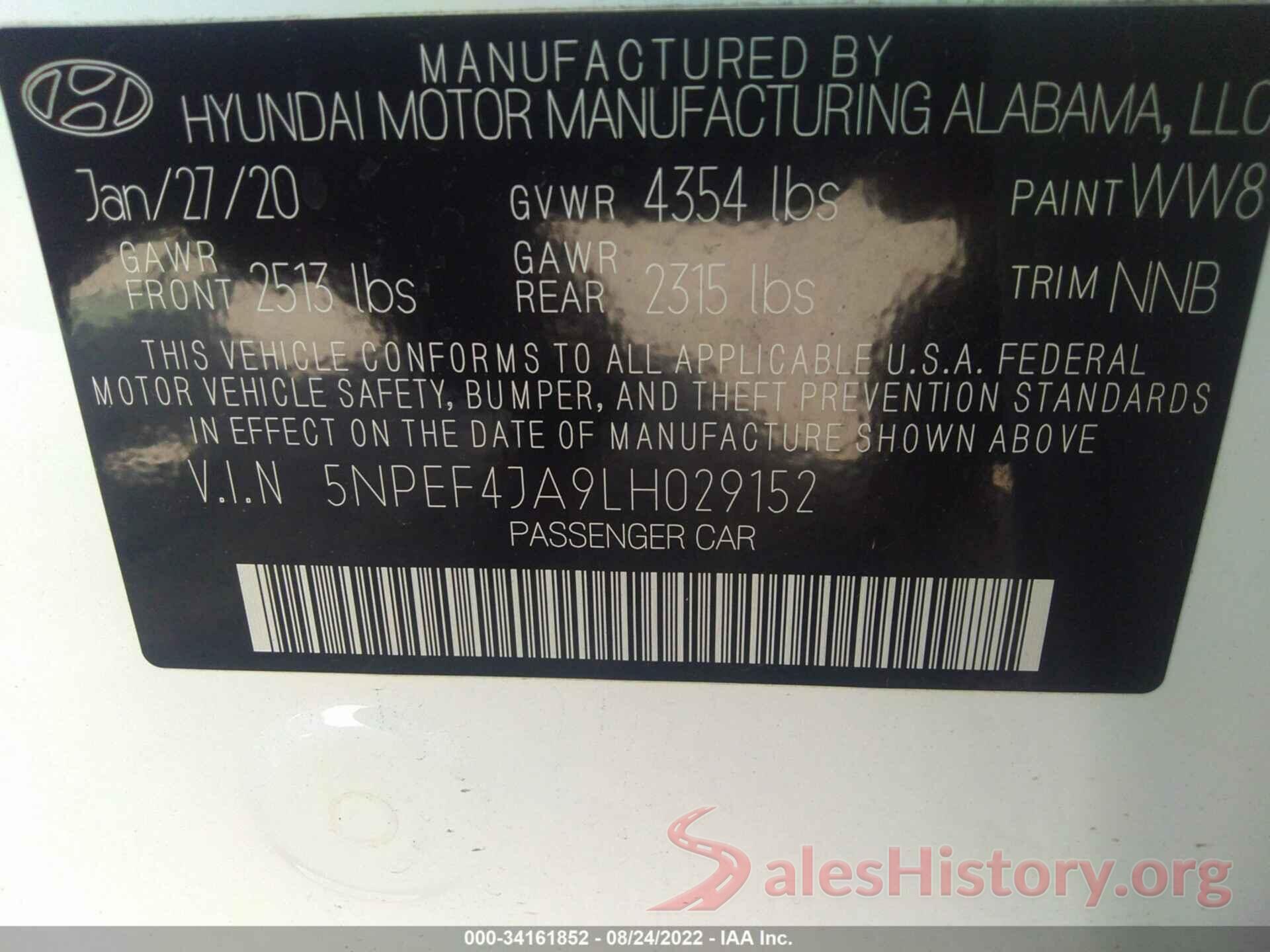 5NPEF4JA9LH029152 2020 HYUNDAI SONATA