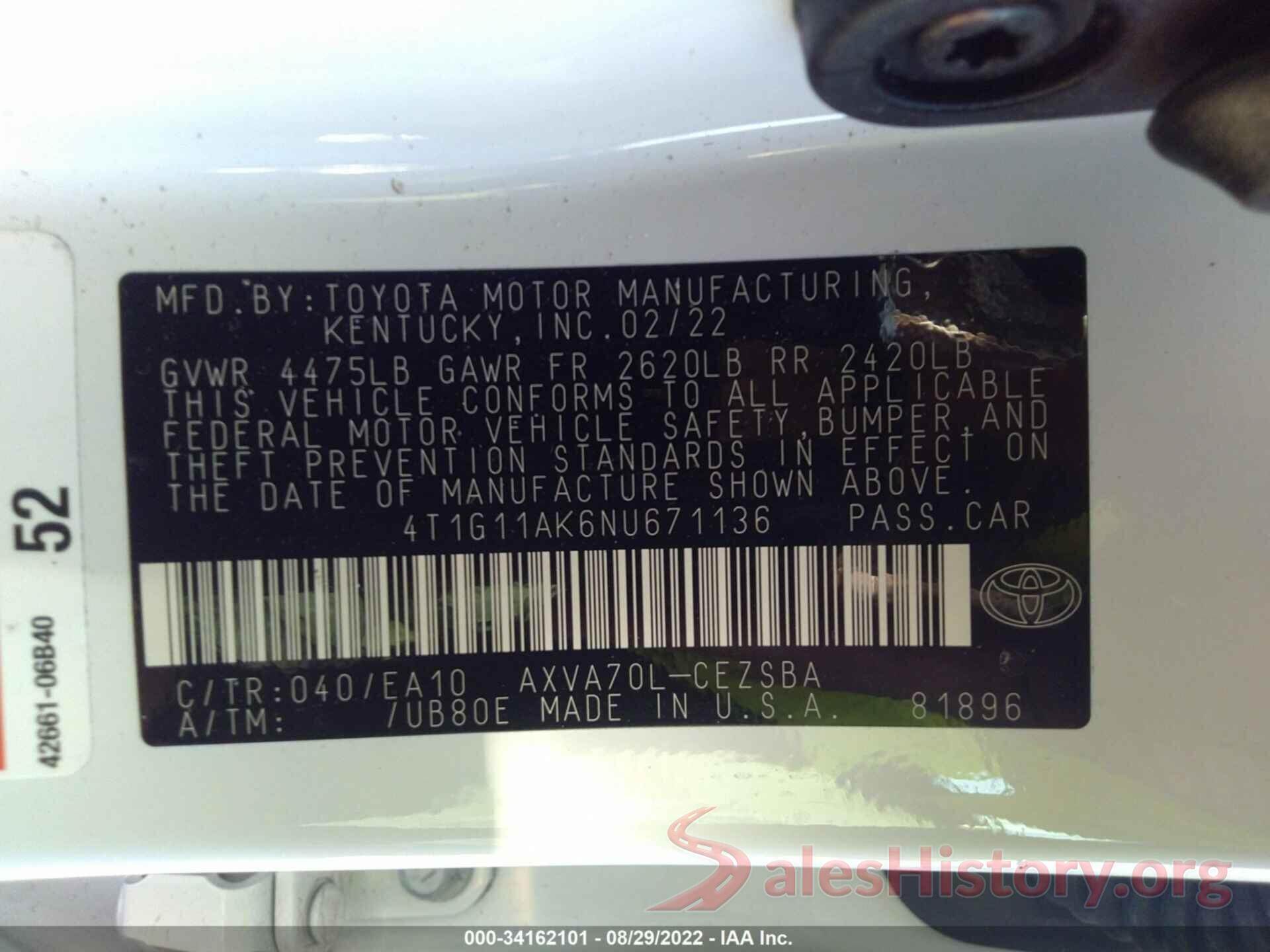 4T1G11AK6NU671136 2022 TOYOTA CAMRY