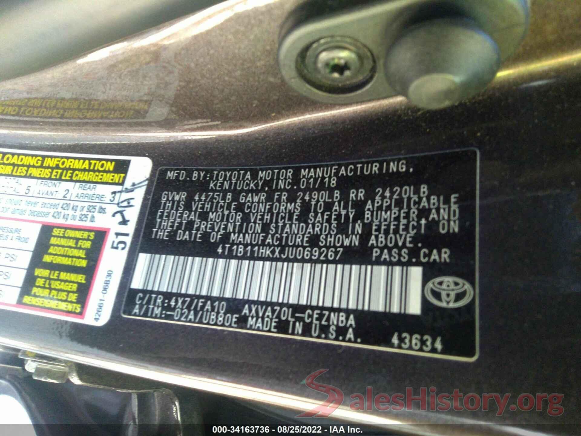 4T1B11HKXJU069267 2018 TOYOTA CAMRY