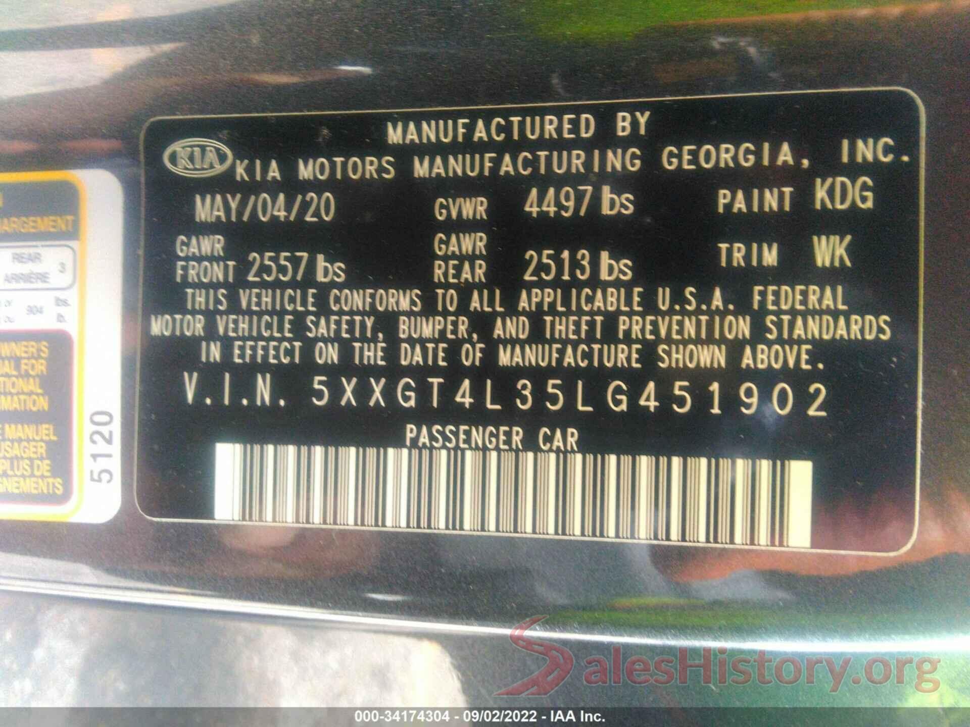 5XXGT4L35LG451902 2020 KIA OPTIMA