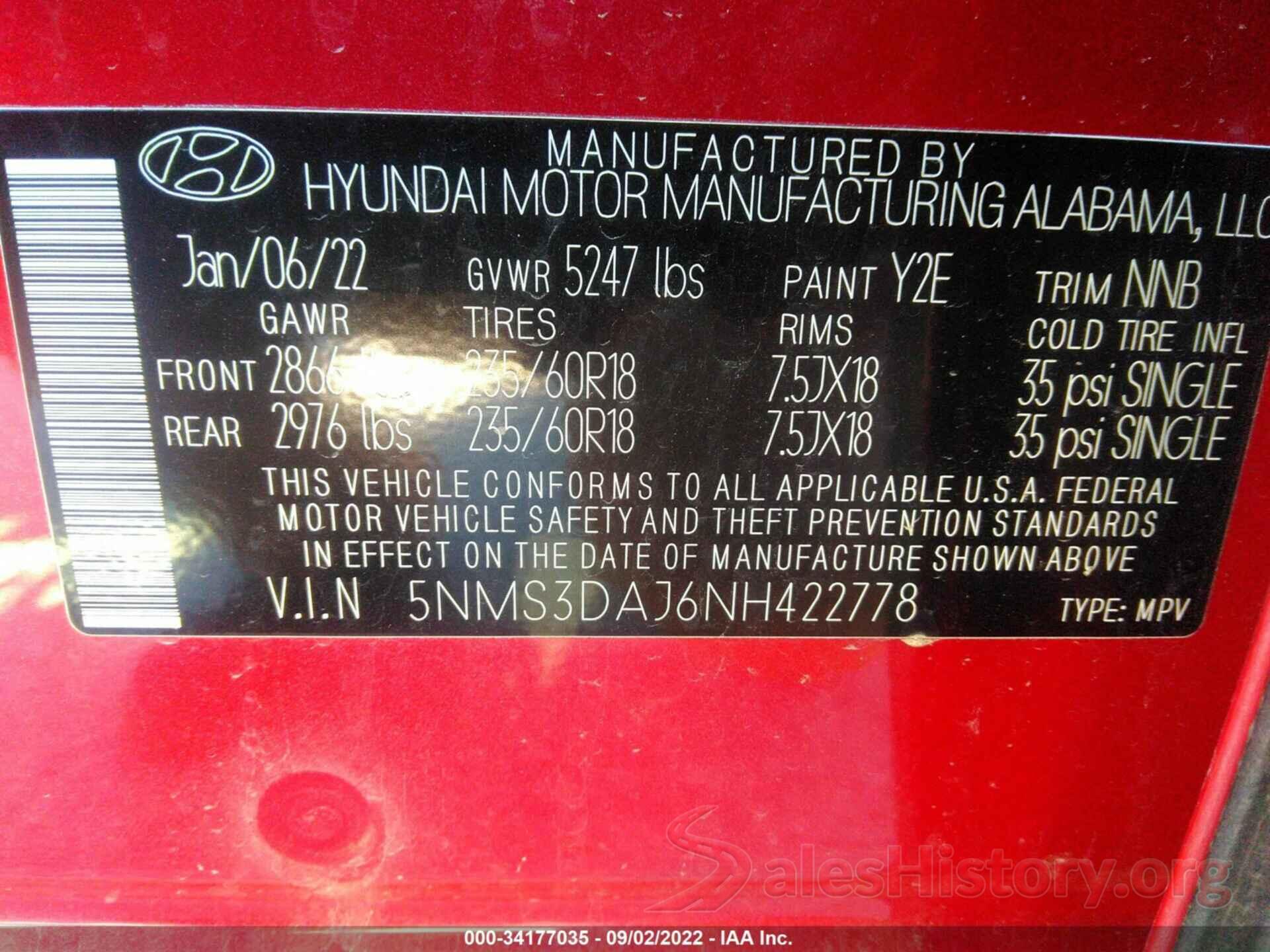 5NMS3DAJ6NH422778 2022 HYUNDAI SANTA FE