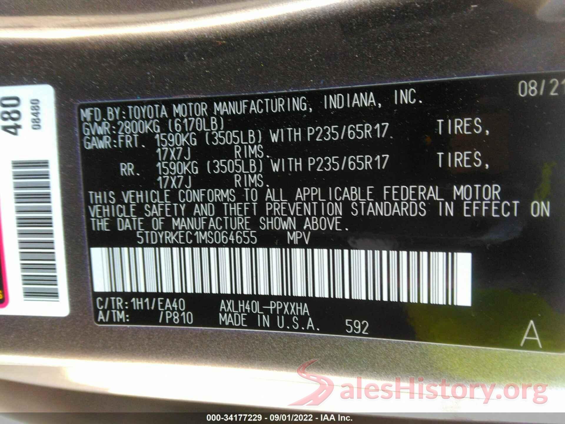 5TDYRKEC1MS064655 2021 TOYOTA SIENNA