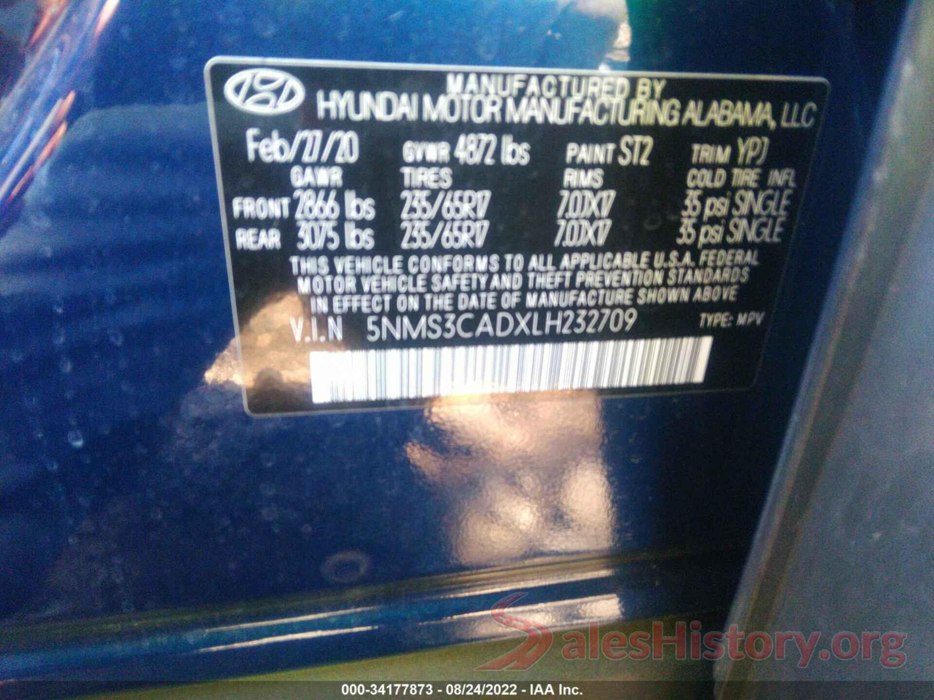 5NMS3CADXLH232709 2020 HYUNDAI SANTA FE