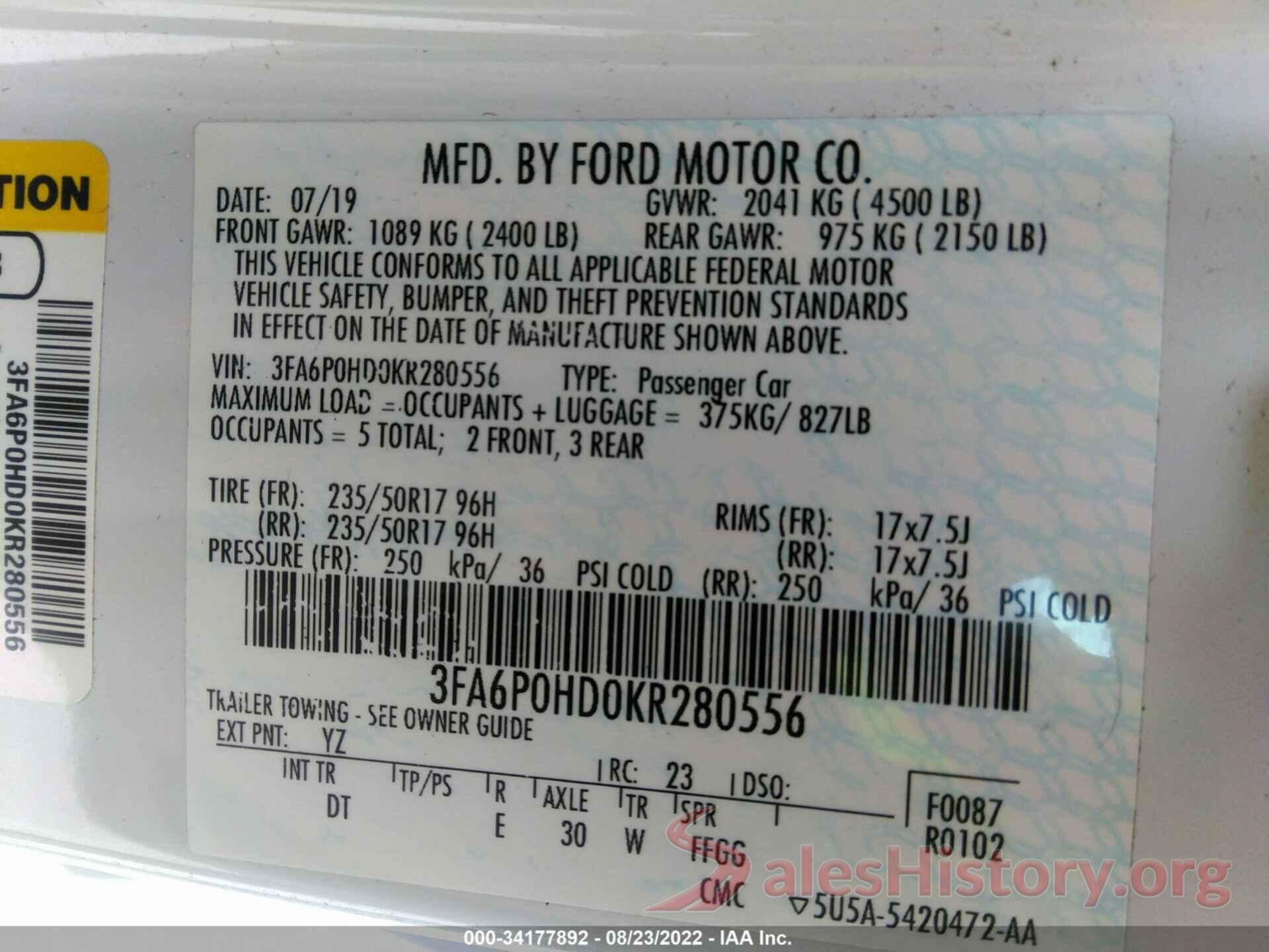 3FA6P0HD0KR280556 2019 FORD FUSION