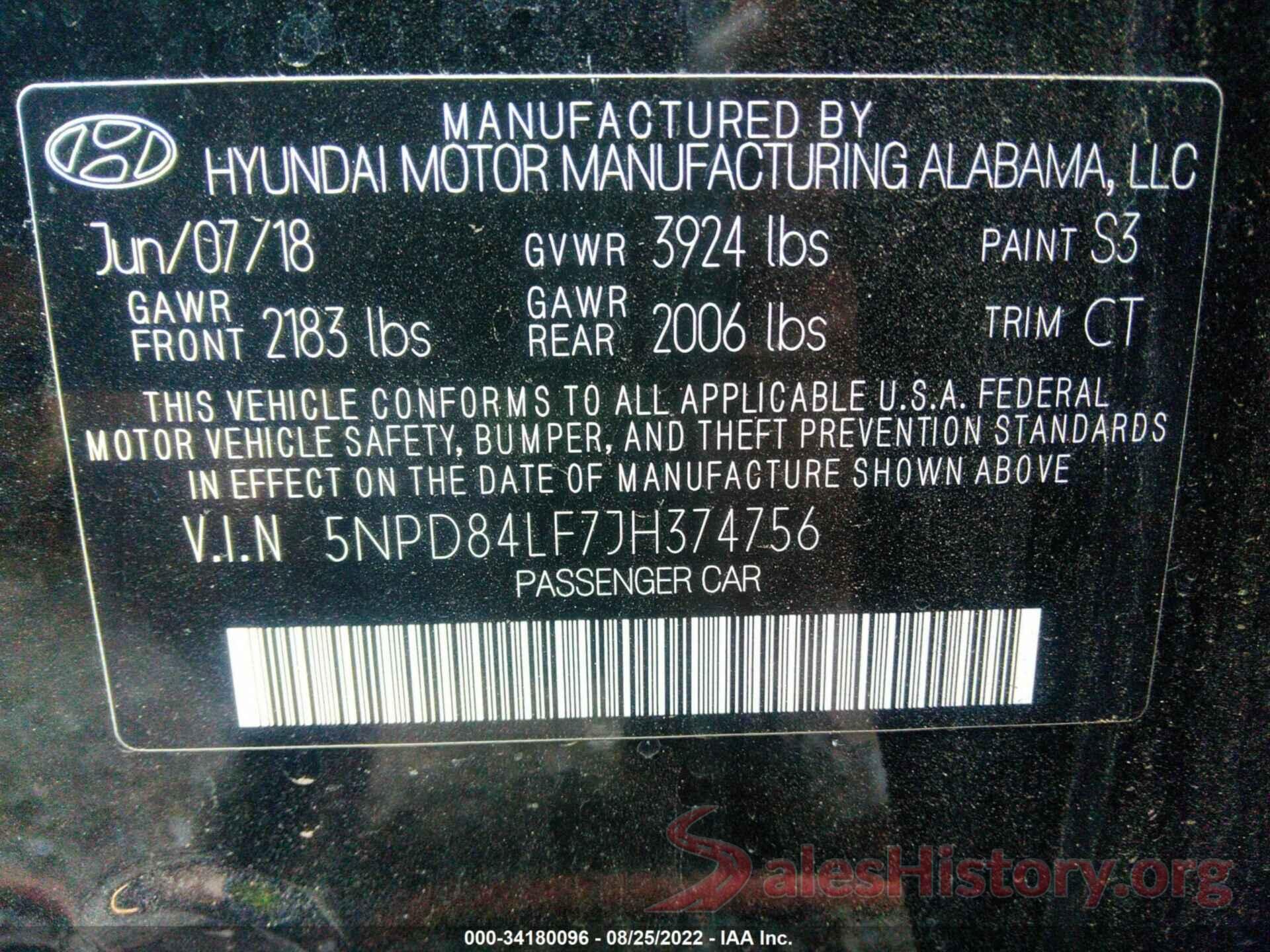 5NPD84LF7JH374756 2018 HYUNDAI ELANTRA