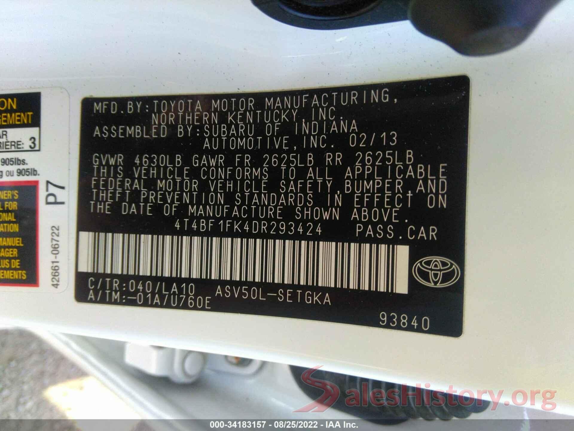 4T4BF1FK4DR293424 2013 TOYOTA CAMRY