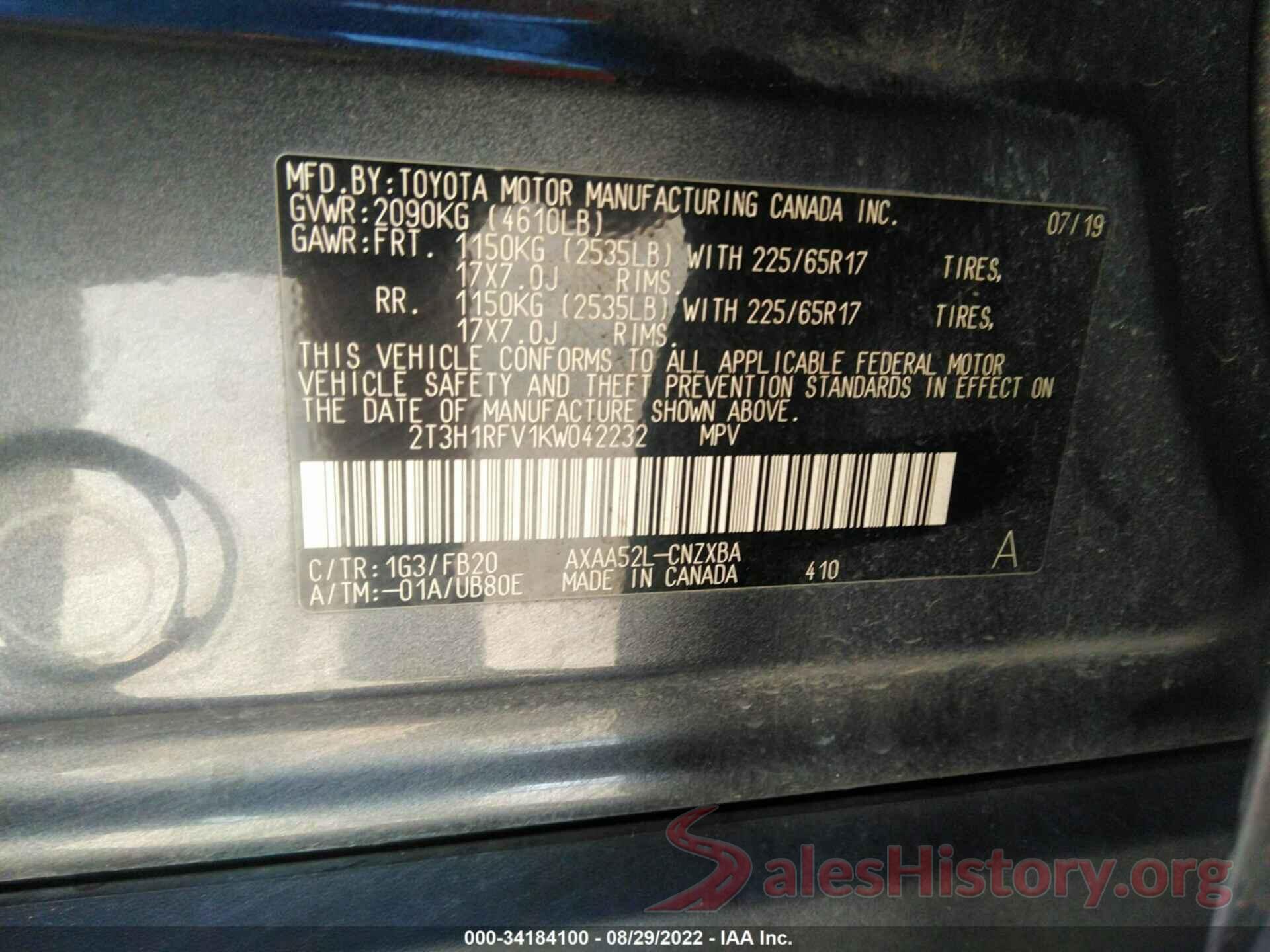 2T3H1RFV1KW042232 2019 TOYOTA RAV4