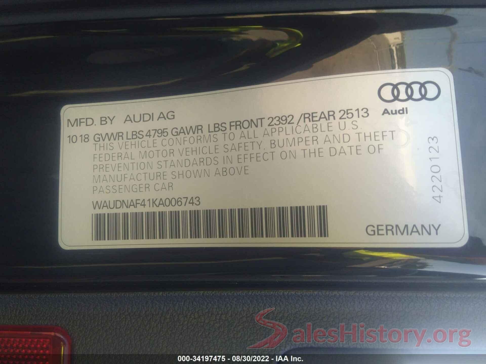 WAUDNAF41KA006743 2019 AUDI A4