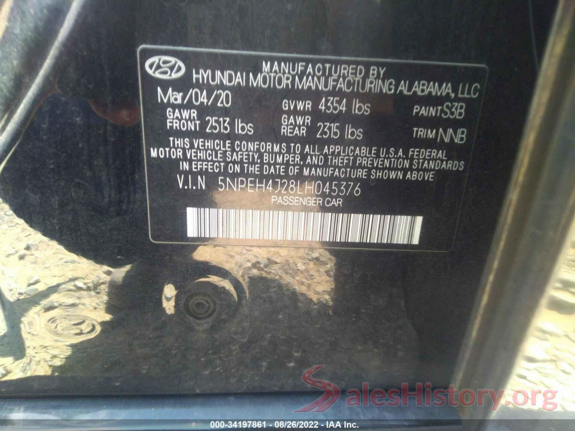 5NPEH4J28LH045376 2020 HYUNDAI SONATA