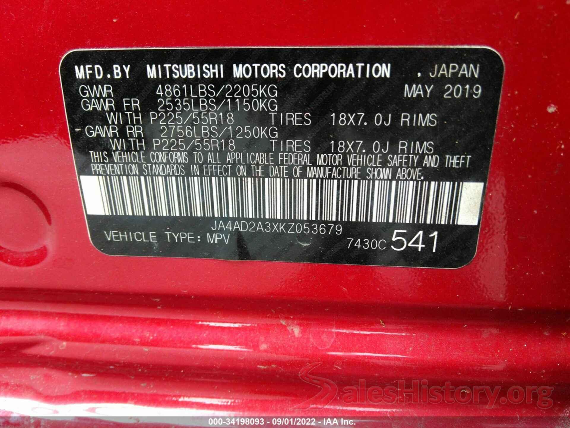 JA4AD2A3XKZ053679 2019 MITSUBISHI OUTLANDER