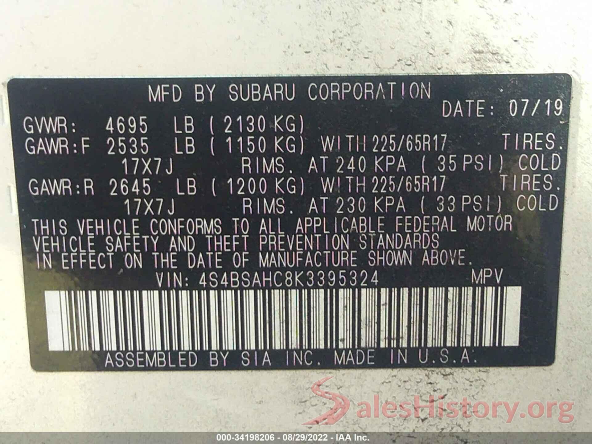 4S4BSAHC8K3395324 2019 SUBARU OUTBACK