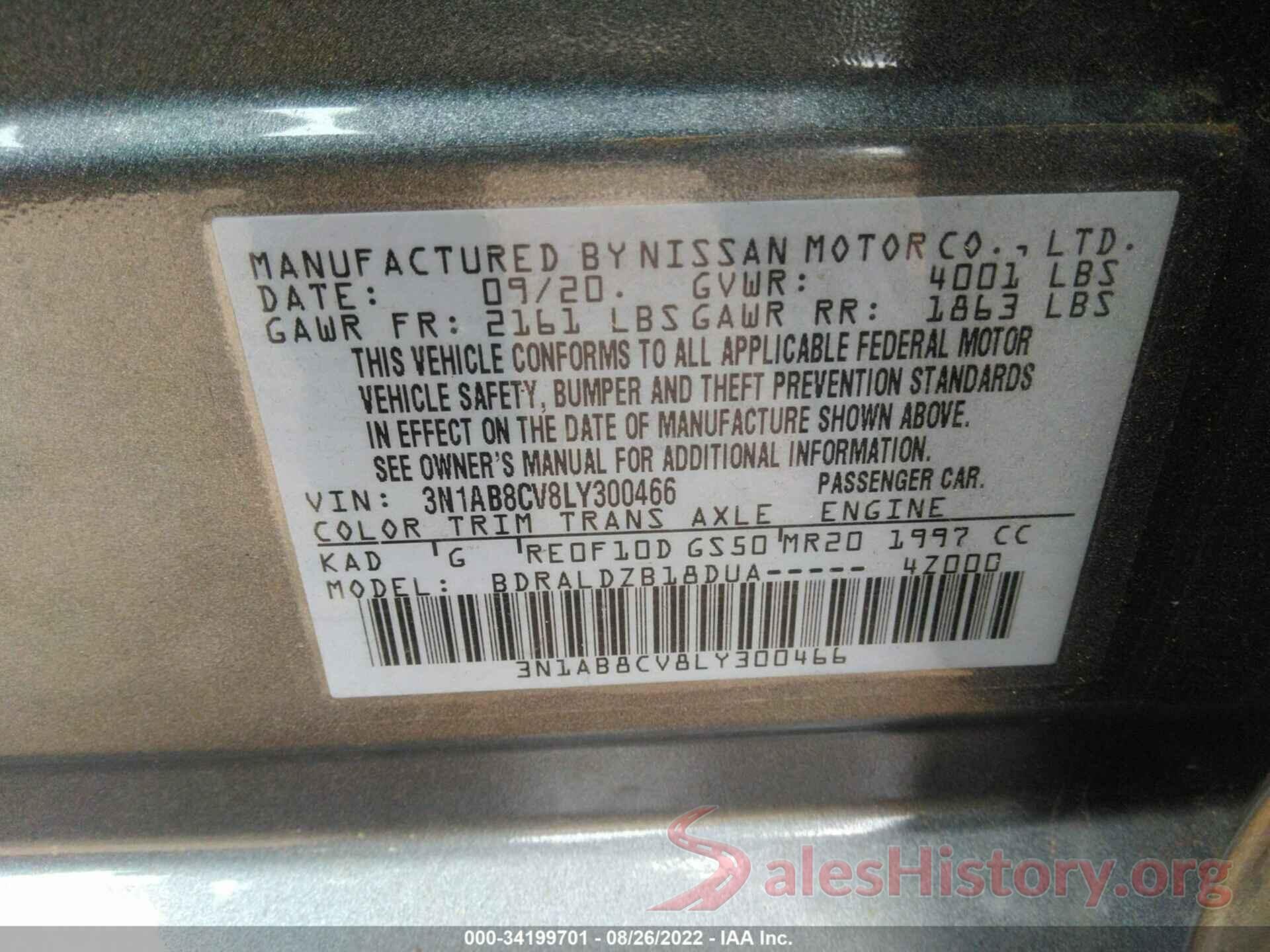 3N1AB8CV8LY300466 2020 NISSAN SENTRA