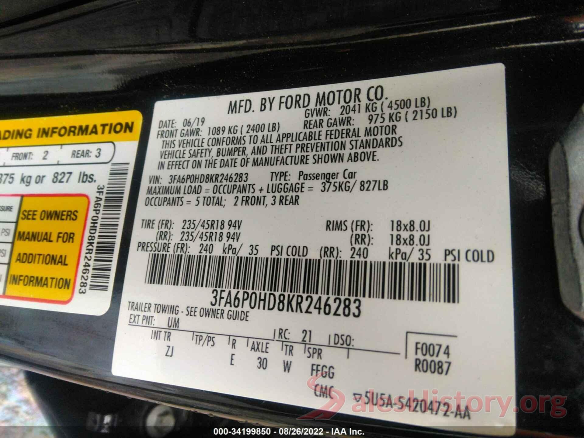 3FA6P0HD8KR246283 2019 FORD FUSION