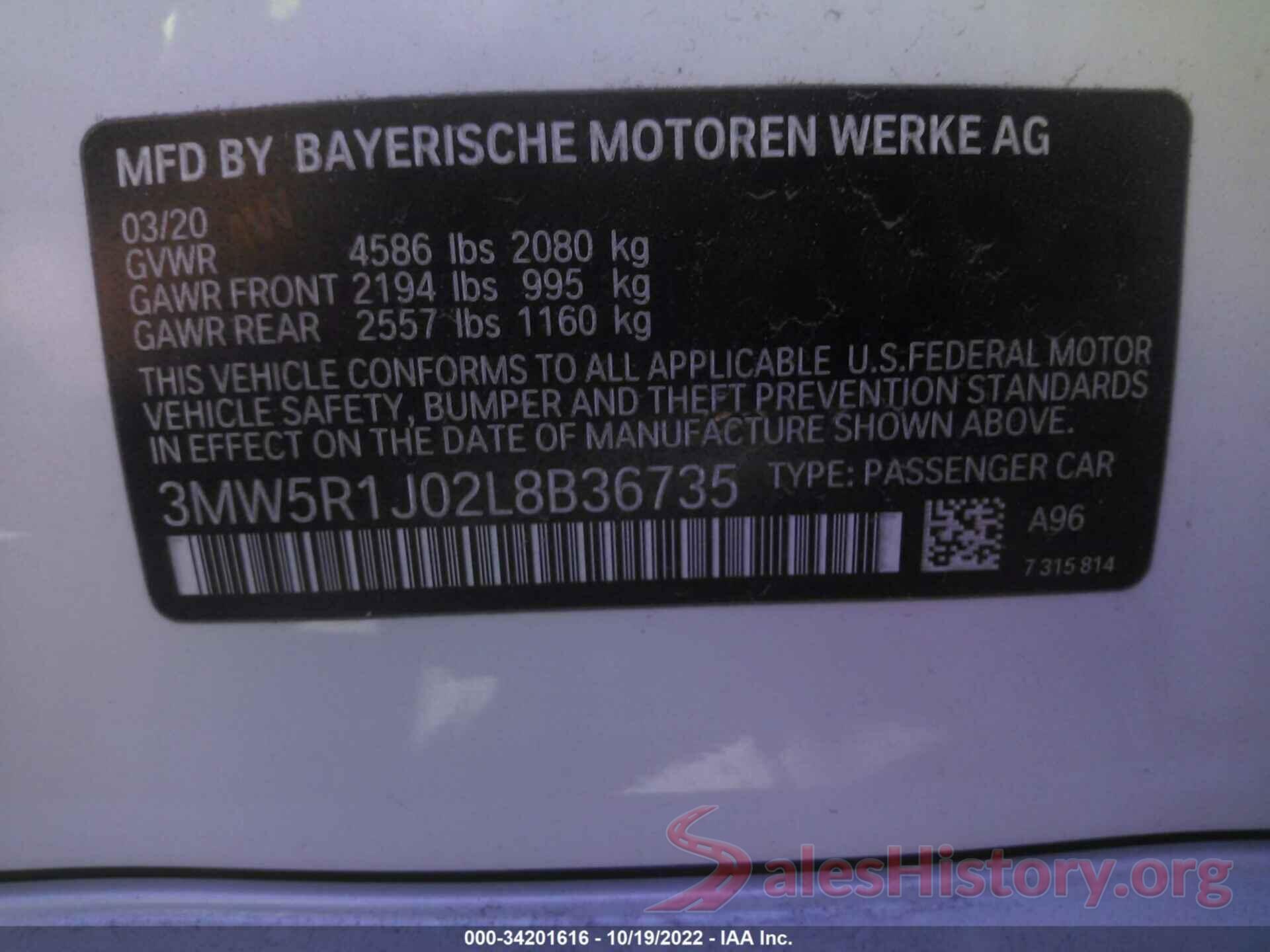 3MW5R1J02L8B36735 2020 BMW 3 SERIES