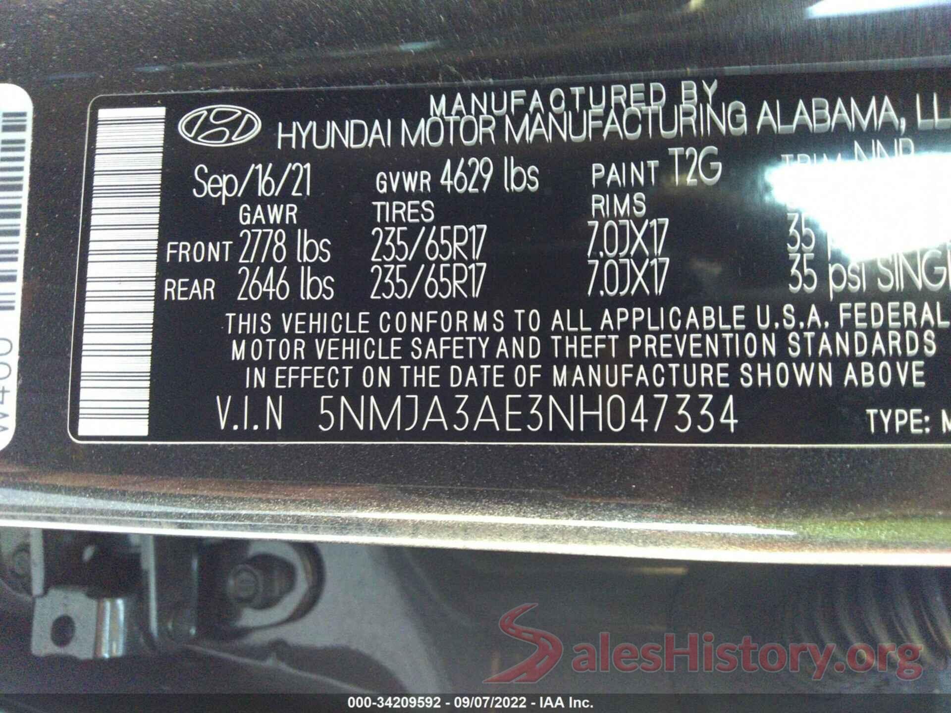 5NMJA3AE3NH047334 2022 HYUNDAI TUCSON