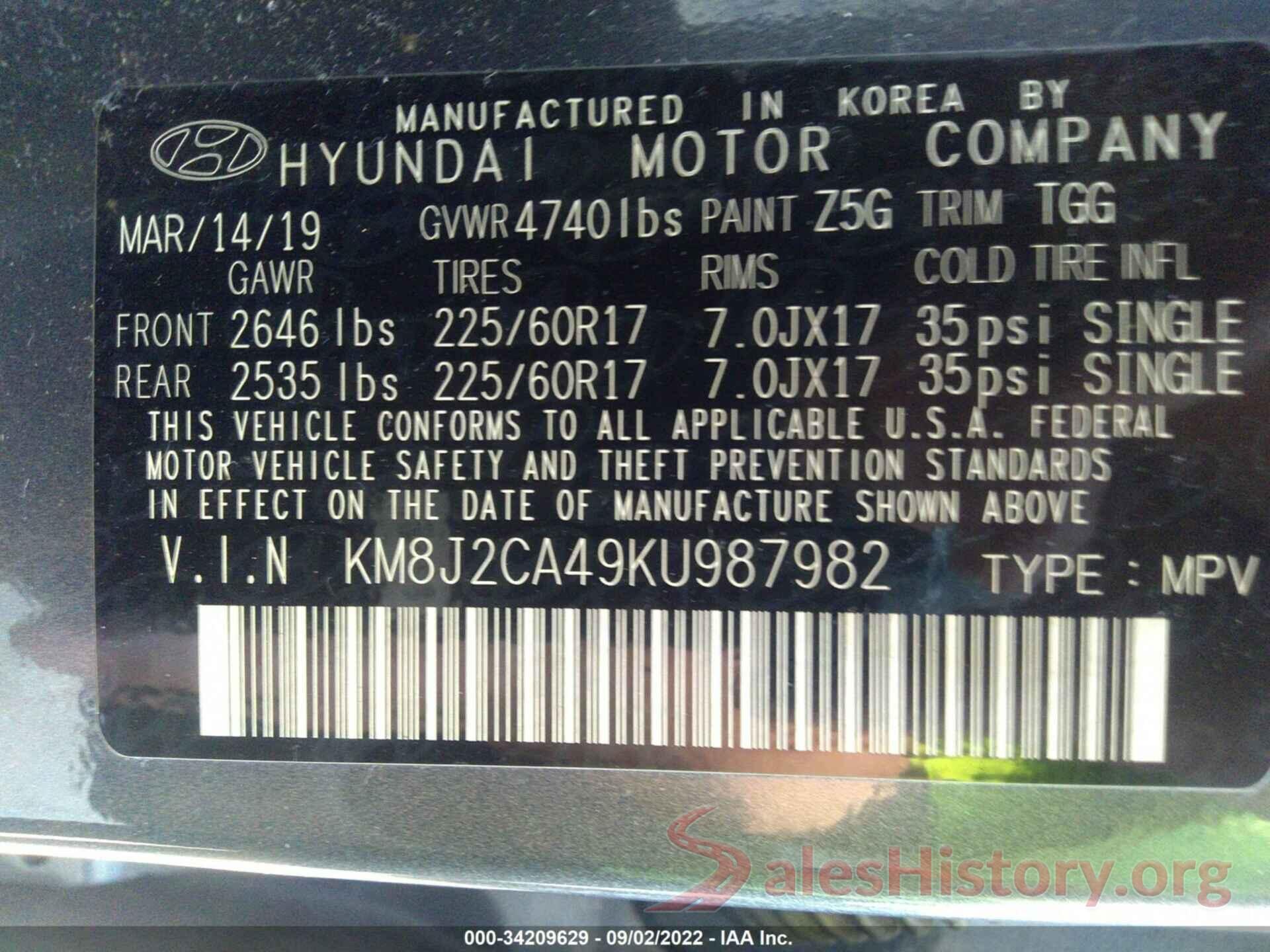 KM8J2CA49KU987982 2019 HYUNDAI TUCSON