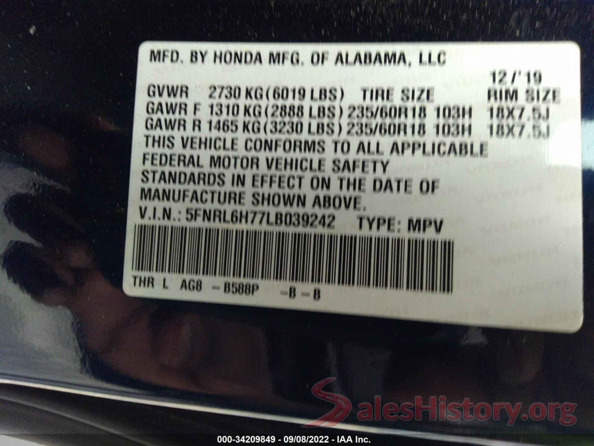 5FNRL6H77LB039242 2020 HONDA ODYSSEY