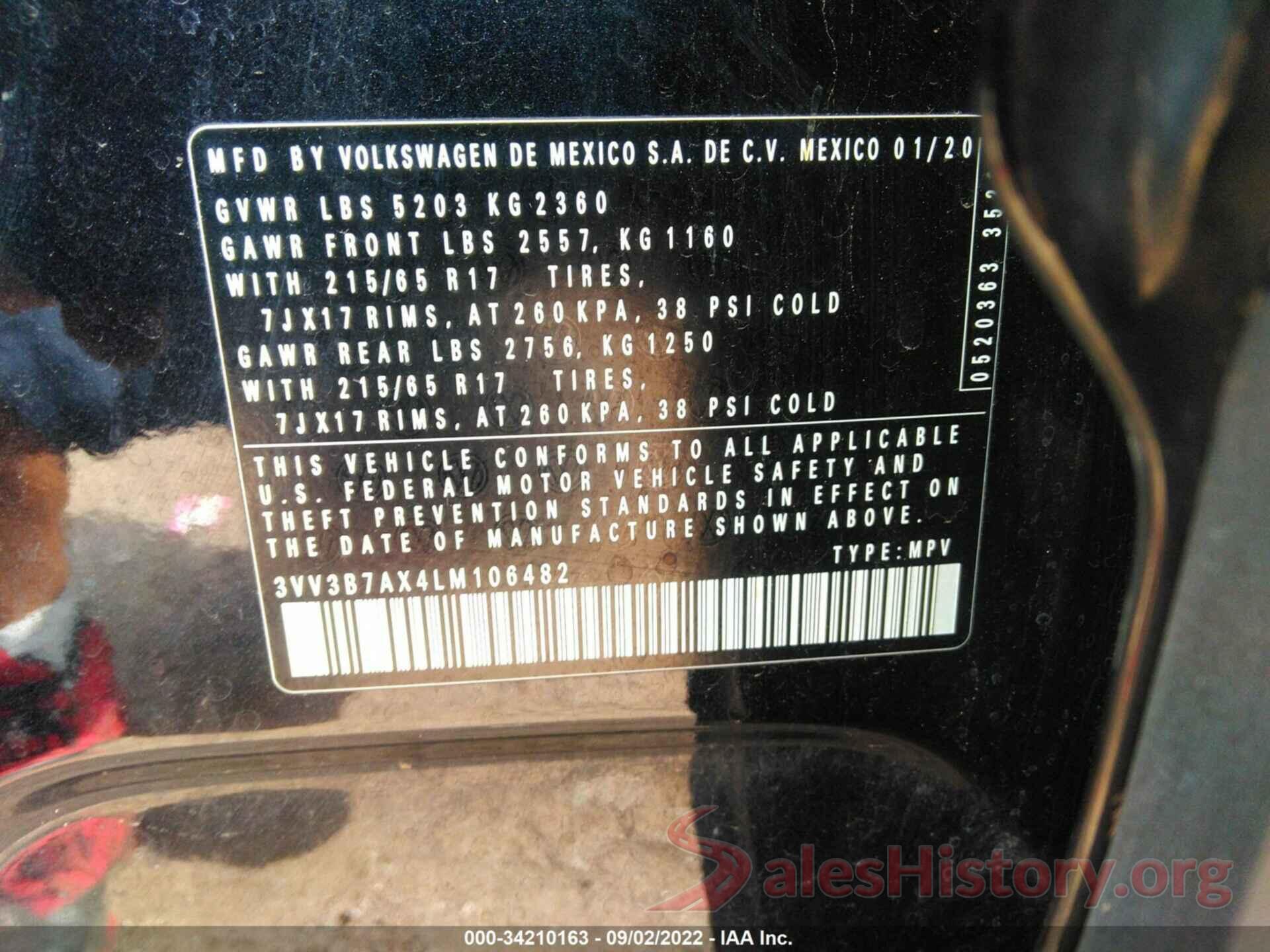 3VV3B7AX4LM106482 2020 VOLKSWAGEN TIGUAN