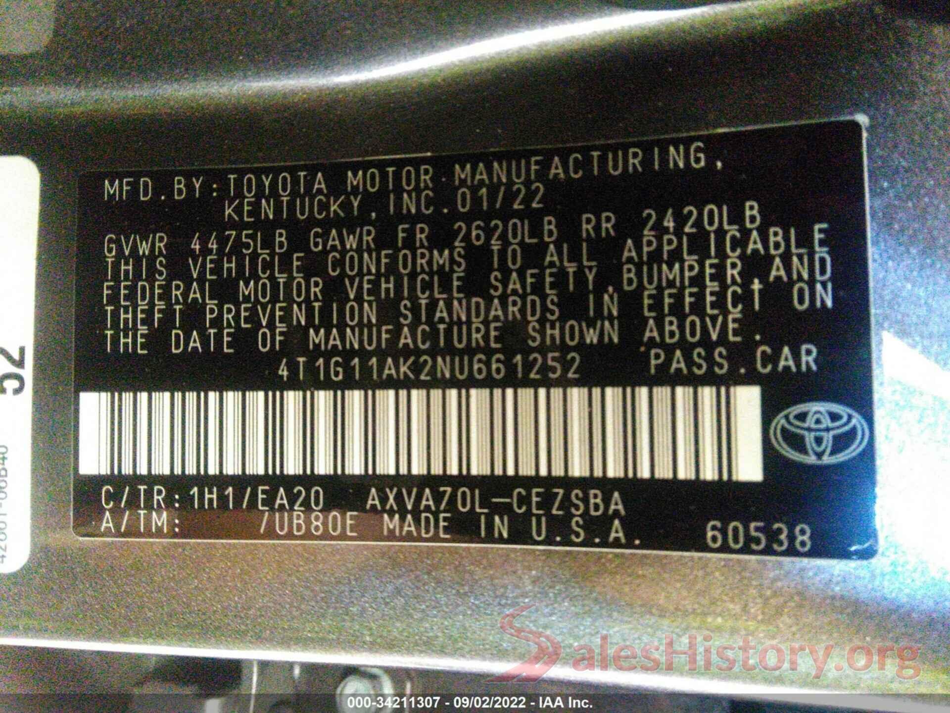 4T1G11AK2NU661252 2022 TOYOTA CAMRY