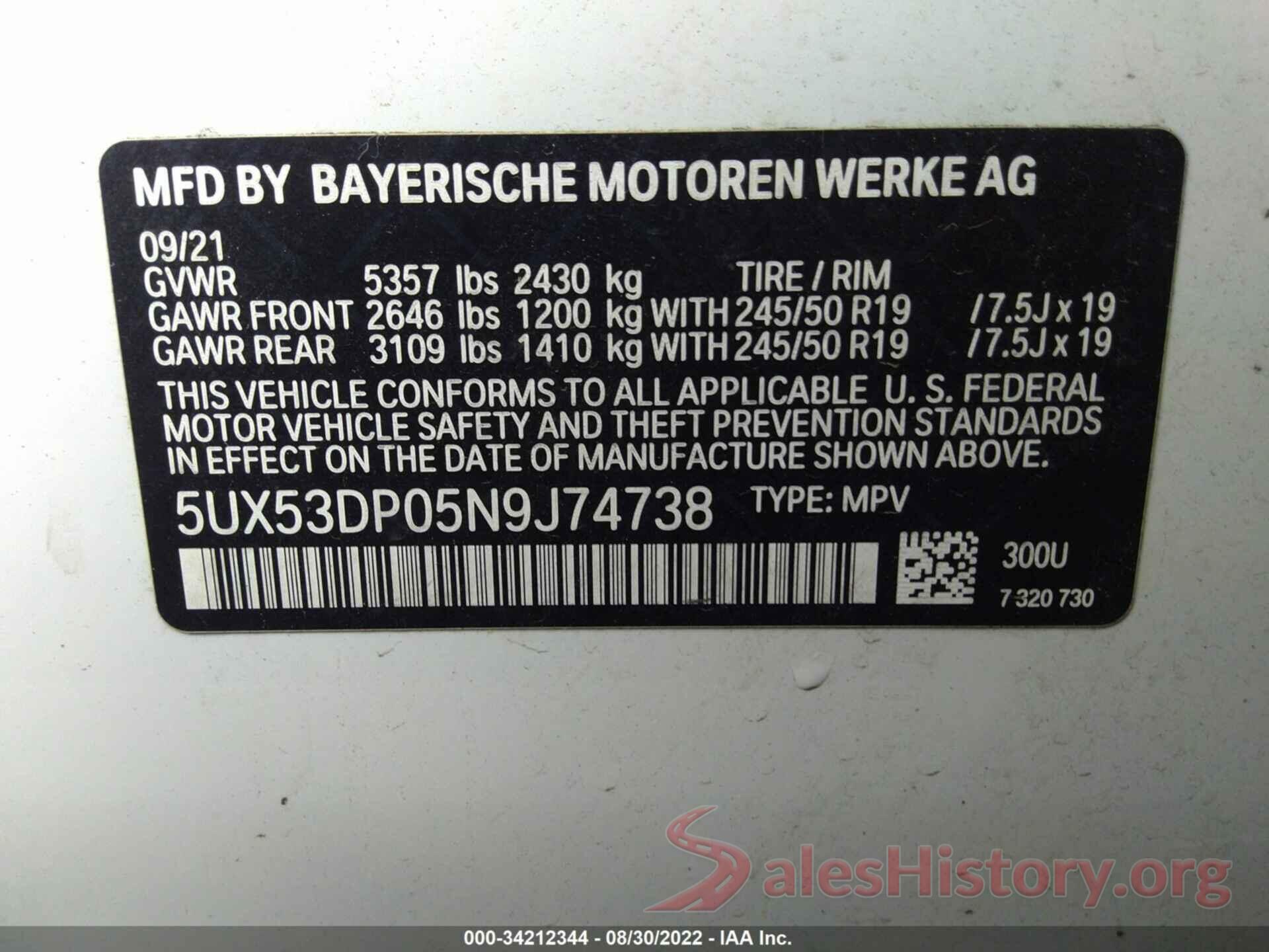 5UX53DP05N9J74738 2022 BMW X3