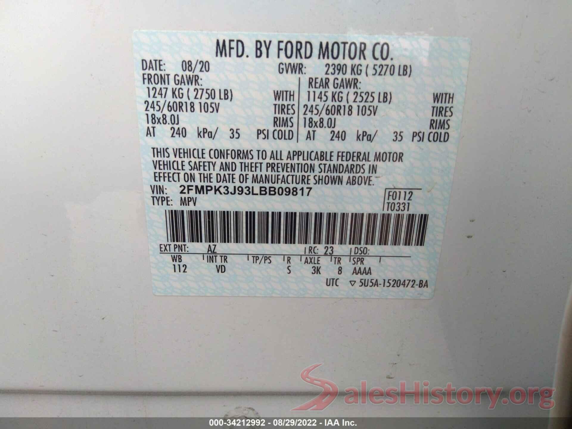 2FMPK3J93LBB09817 2020 FORD EDGE