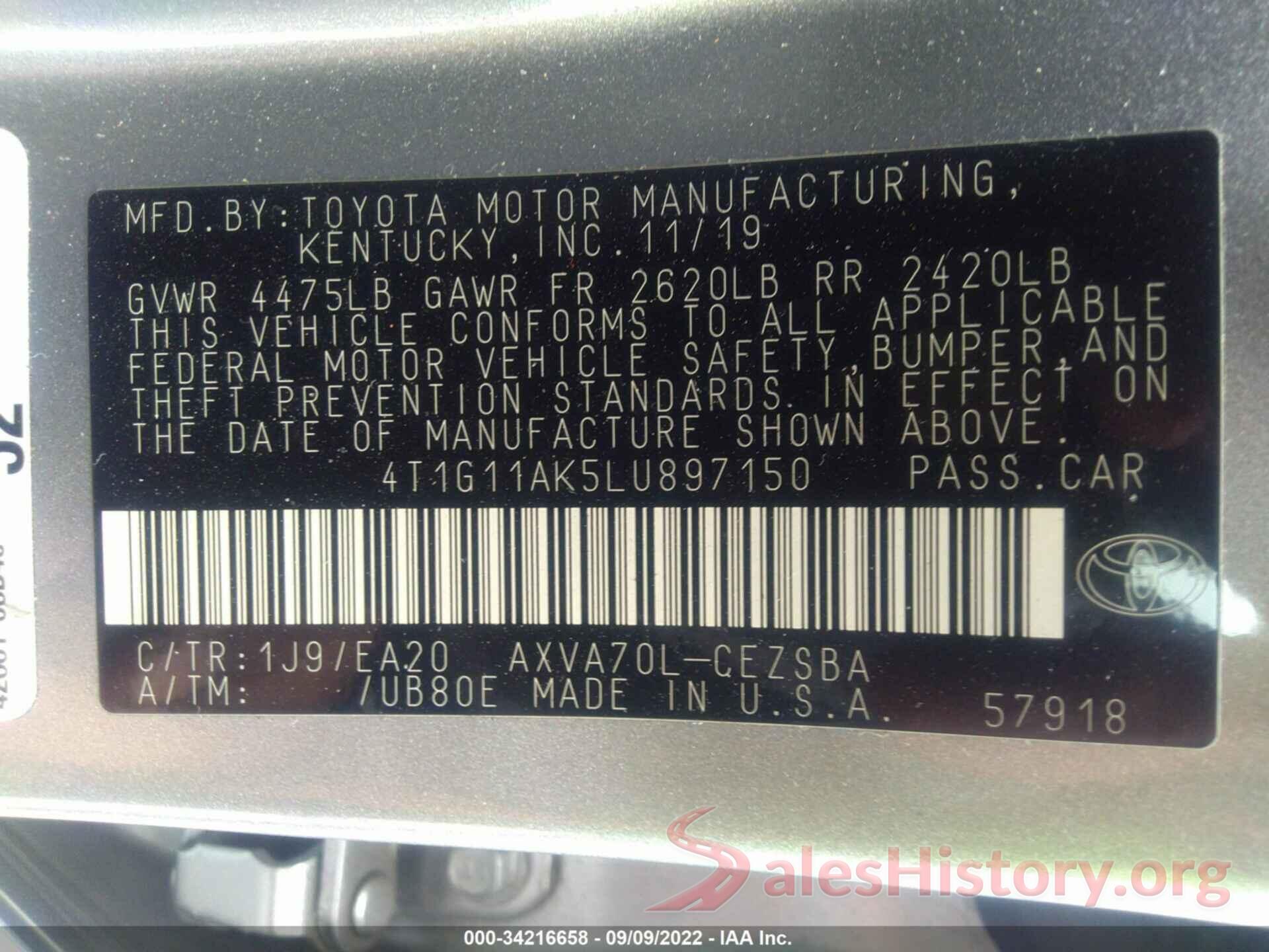 4T1G11AK5LU897150 2020 TOYOTA CAMRY