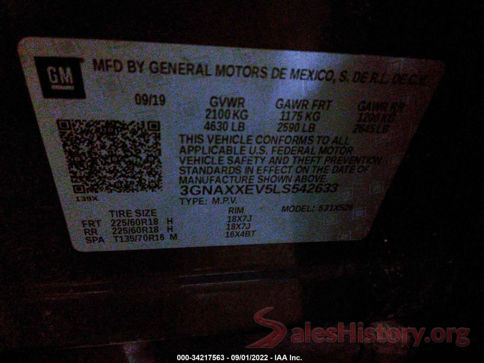 3GNAXXEV5LS542633 2020 CHEVROLET EQUINOX